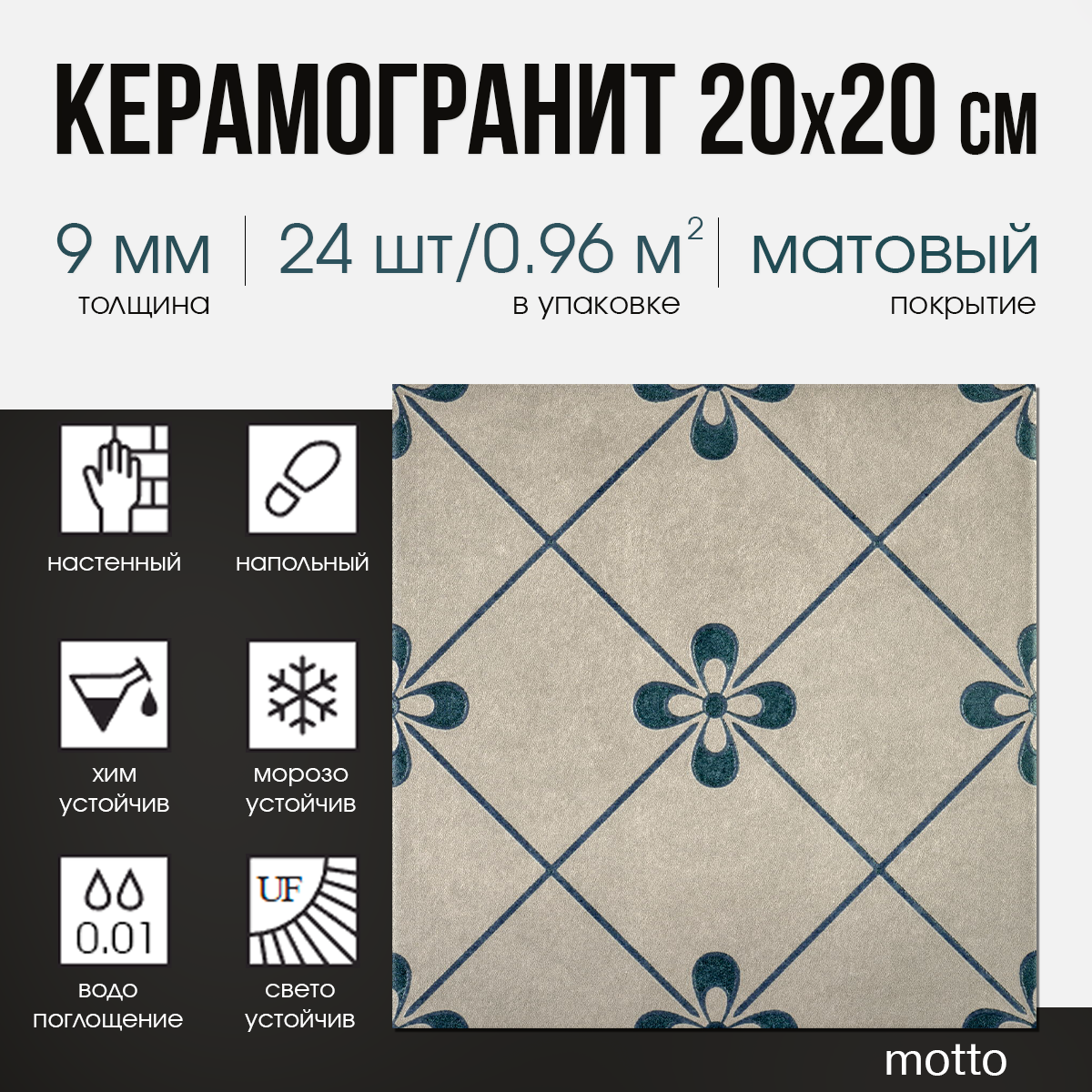 Изображение товара Керамогранит Motto Levels N100087 20x20см голубой для стен и пола