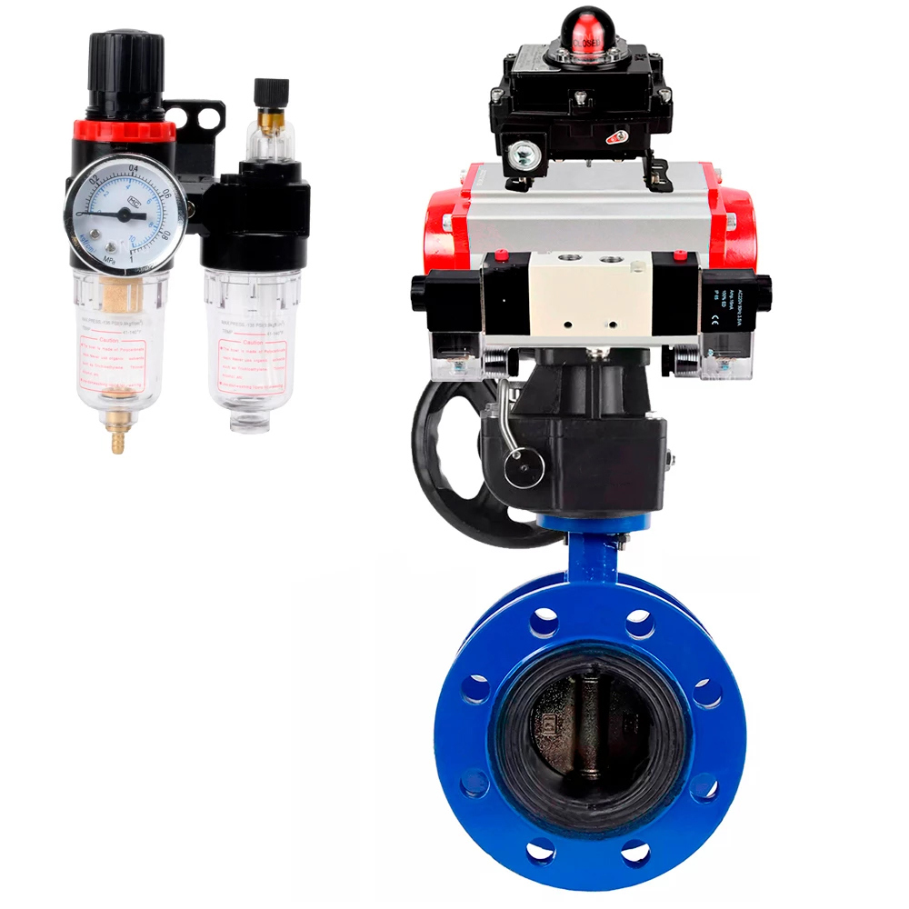 Изображение товара Затвор дисковый поворотный Dn.ru D050-56775 DN150 PN16 с пневмоприводом чугун