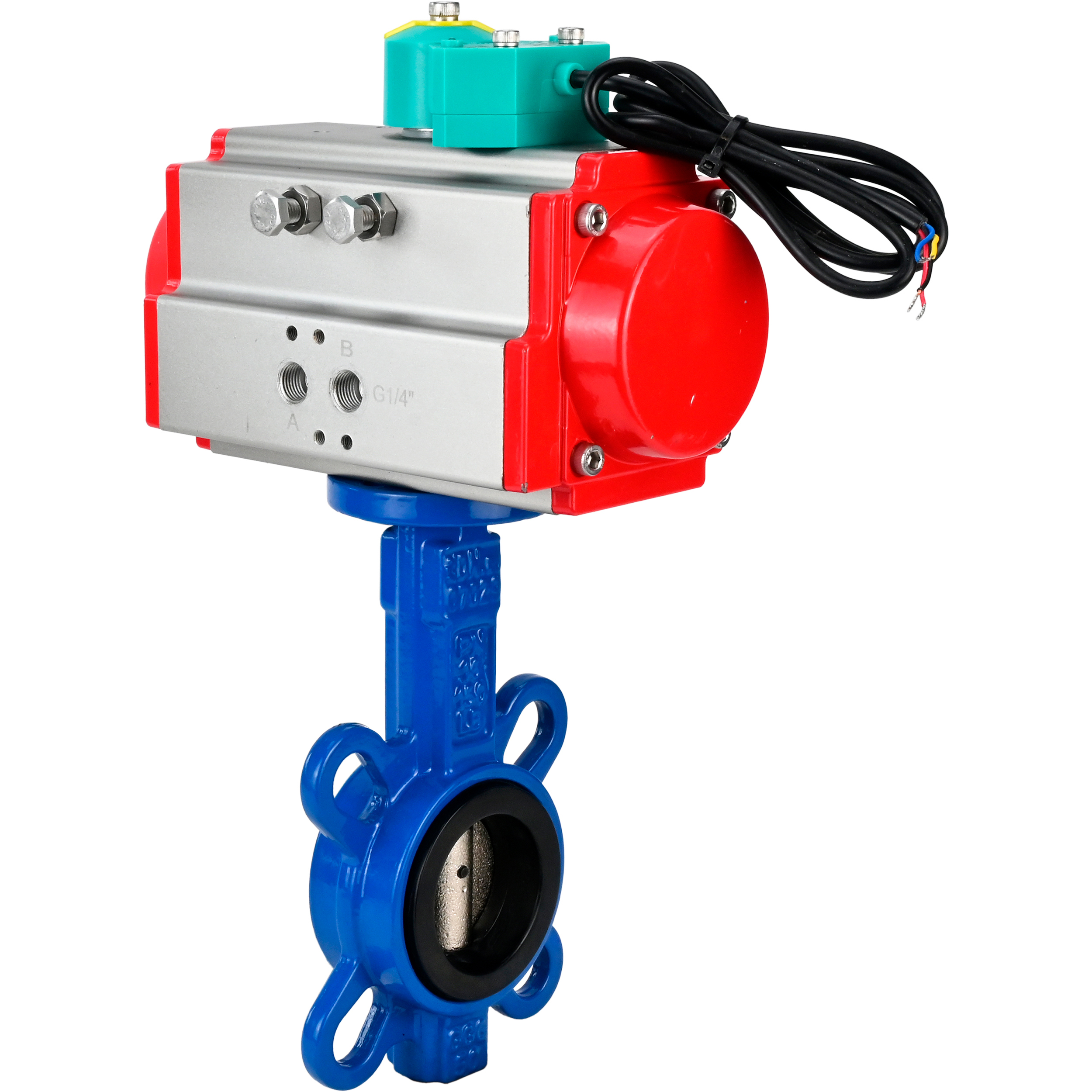 Изображение товара Затвор дисковый поворотный Dn.ru D050-85974 DN100 PN16 с пневмоприводом чугун