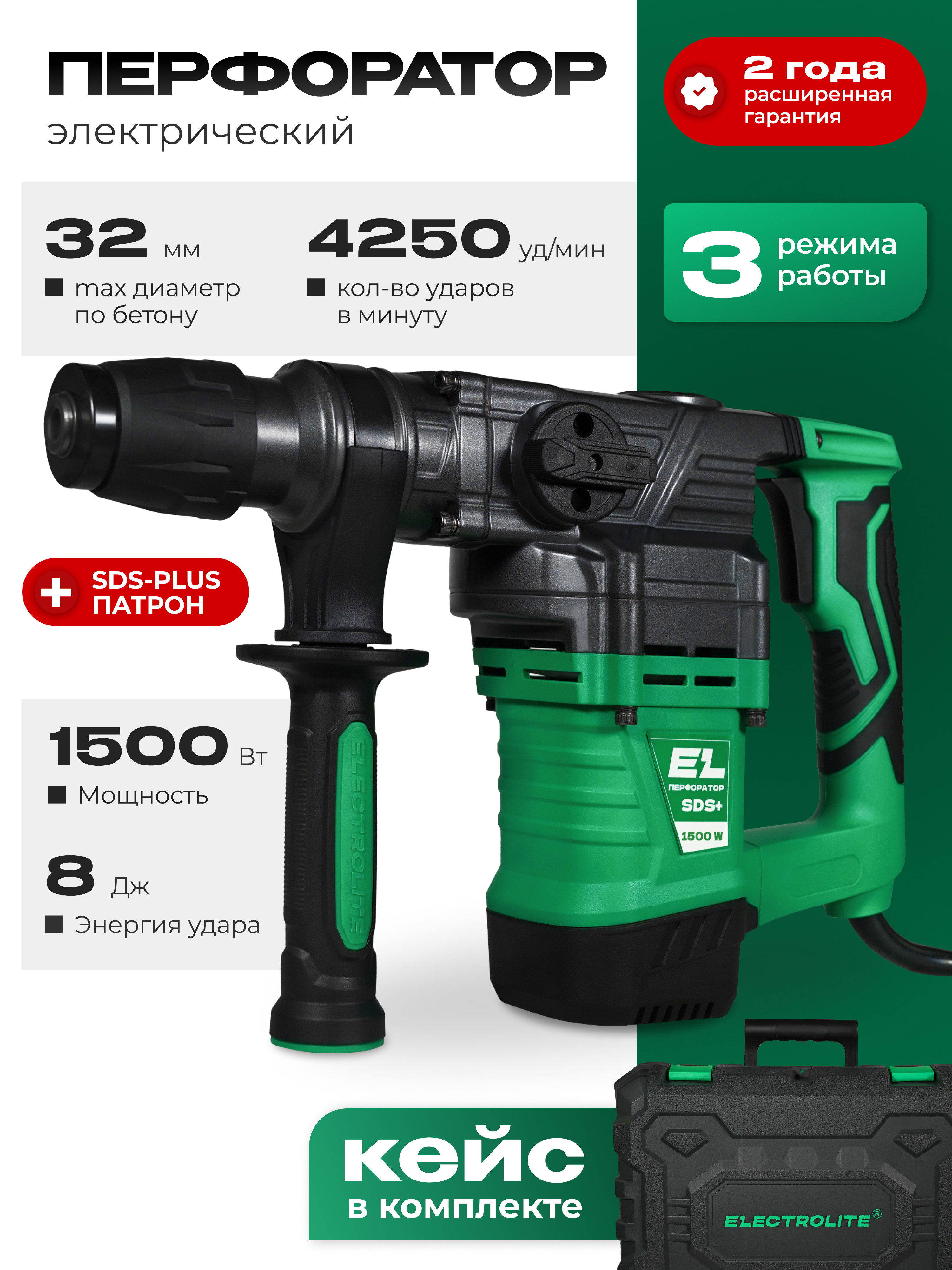 Изображение товара Перфоратор сетевой SDS Plus Electrolite П 1500, 1500 Вт, 8 Дж