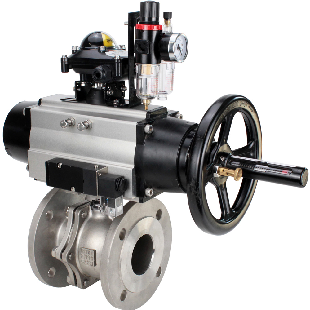 Изображение товара Кран шаровой прямой DN.ru D160-30629 DN100 PN16 с пневмоприводом нержавеющая сталь Изображение товара Кран шаровой прямой DN.ru D160-30629 DN100 PN16 с пневмоприводом нержавеющая сталь