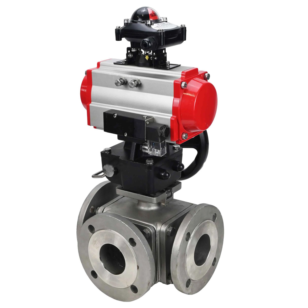 Изображение товара Кран шаровой угловой DN.ru D160-32112 DN80 PN16 с пневмоприводом нержавеющая сталь