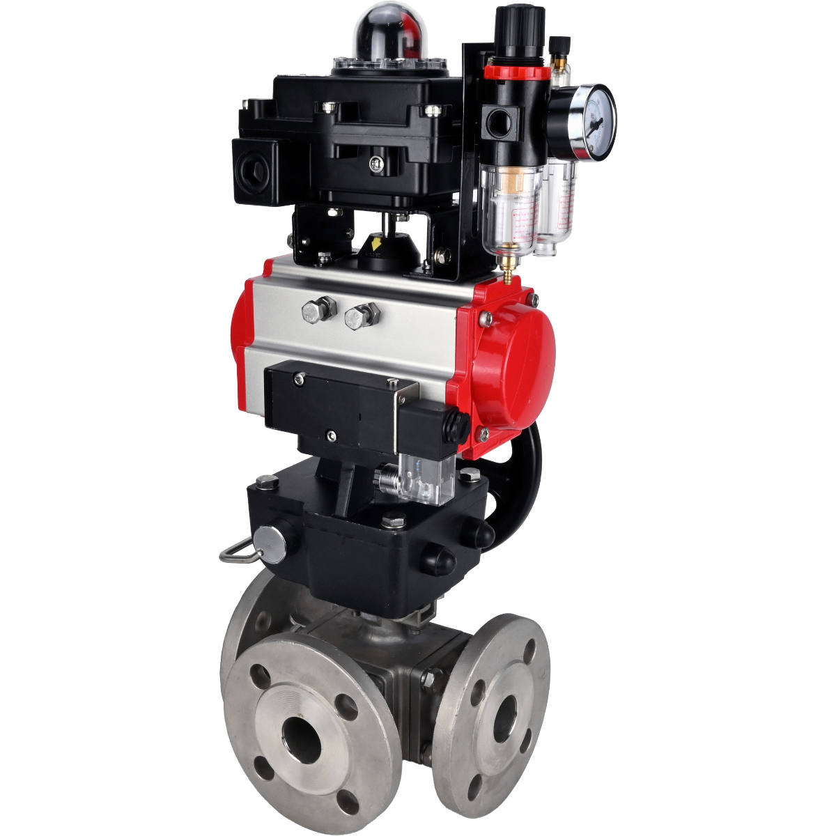 Изображение товара Кран шаровой угловой DN.ru D160-32157 DN80 PN16 с пневмоприводом нержавеющая сталь