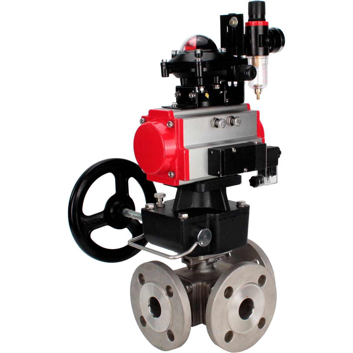 Изображение товара Кран шаровой угловой DN.ru D160-32264 DN65 PN16 с пневмоприводом нержавеющая сталь