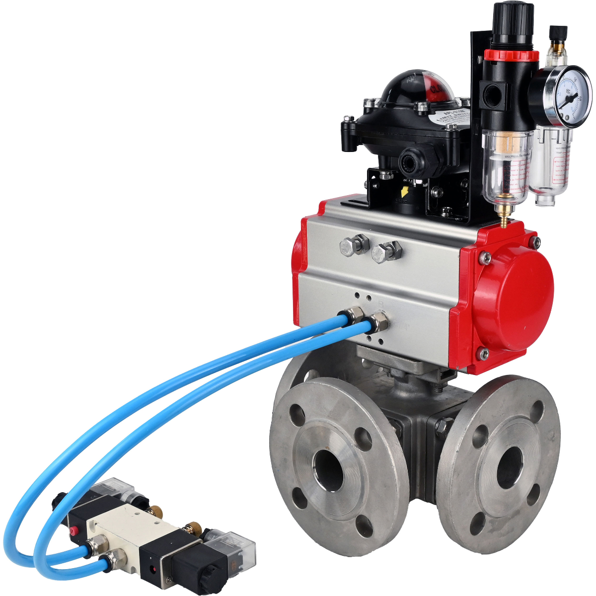 Изображение товара Кран шаровой угловой DN.ru D160-32390 DN65 PN16 с пневмоприводом нержавеющая сталь