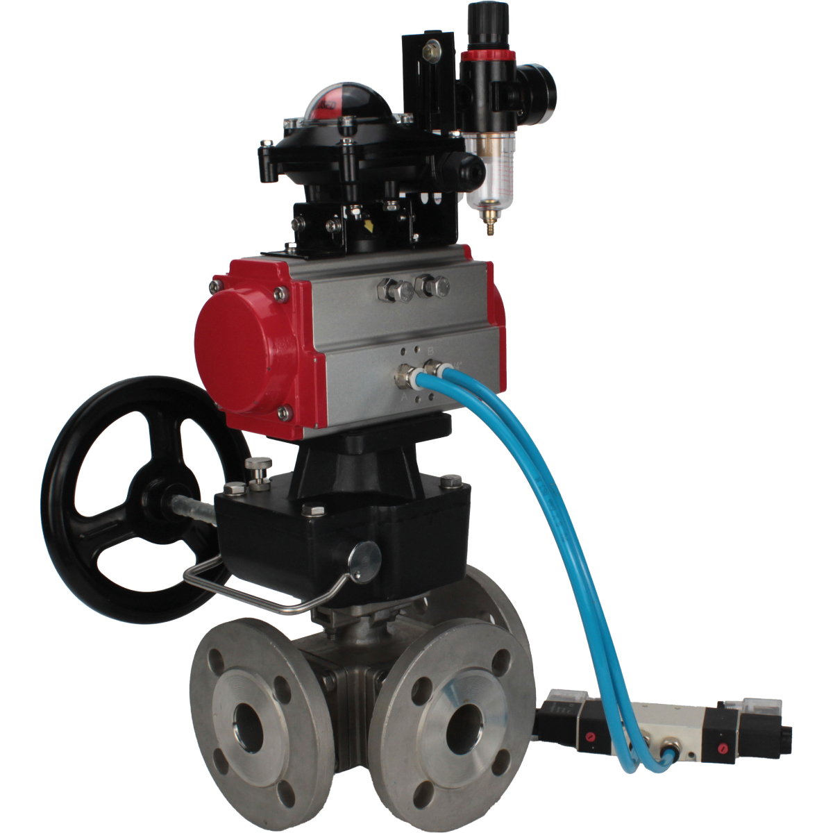 Изображение товара Кран шаровой угловой DN.ru D160-32409 DN80 PN16 с пневмоприводом нержавеющая сталь