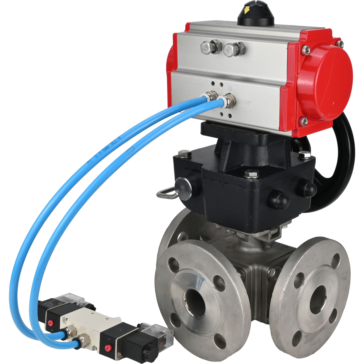 Изображение товара Кран шаровой угловой DN.ru D160-32487 DN40 PN16 с пневмоприводом нержавеющая сталь