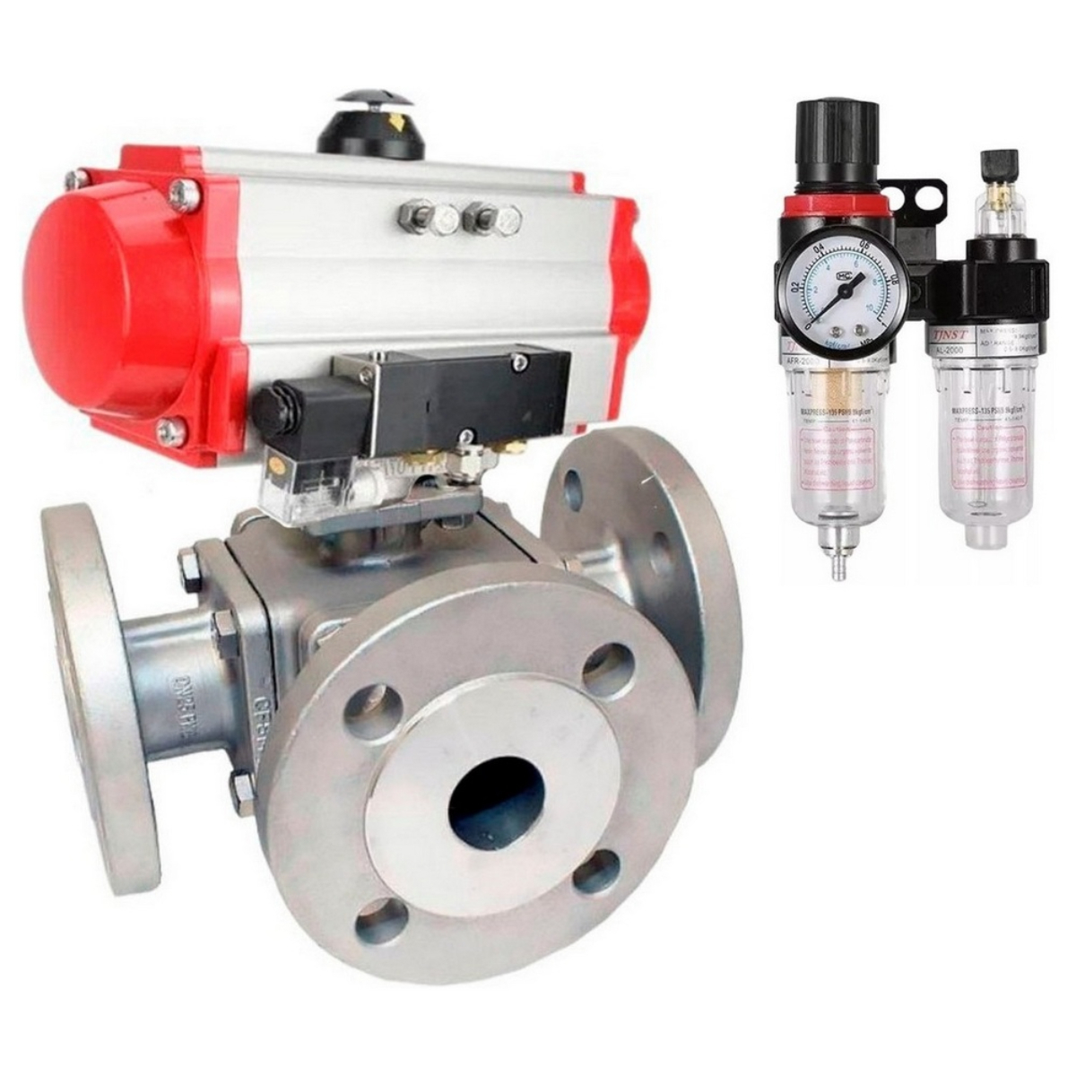 Изображение товара Кран шаровой угловой DN.ru D160-32845 DN80 PN16 с пневмоприводом нержавеющая сталь