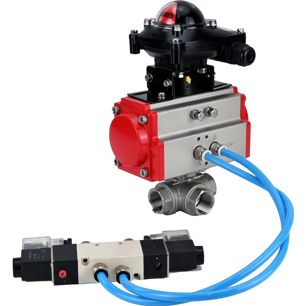 Изображение товара Кран шаровой угловой DN.ru D160-59049 DN65 PN40 2 1/2" ВР с пневмоприводом нержавеющая сталь