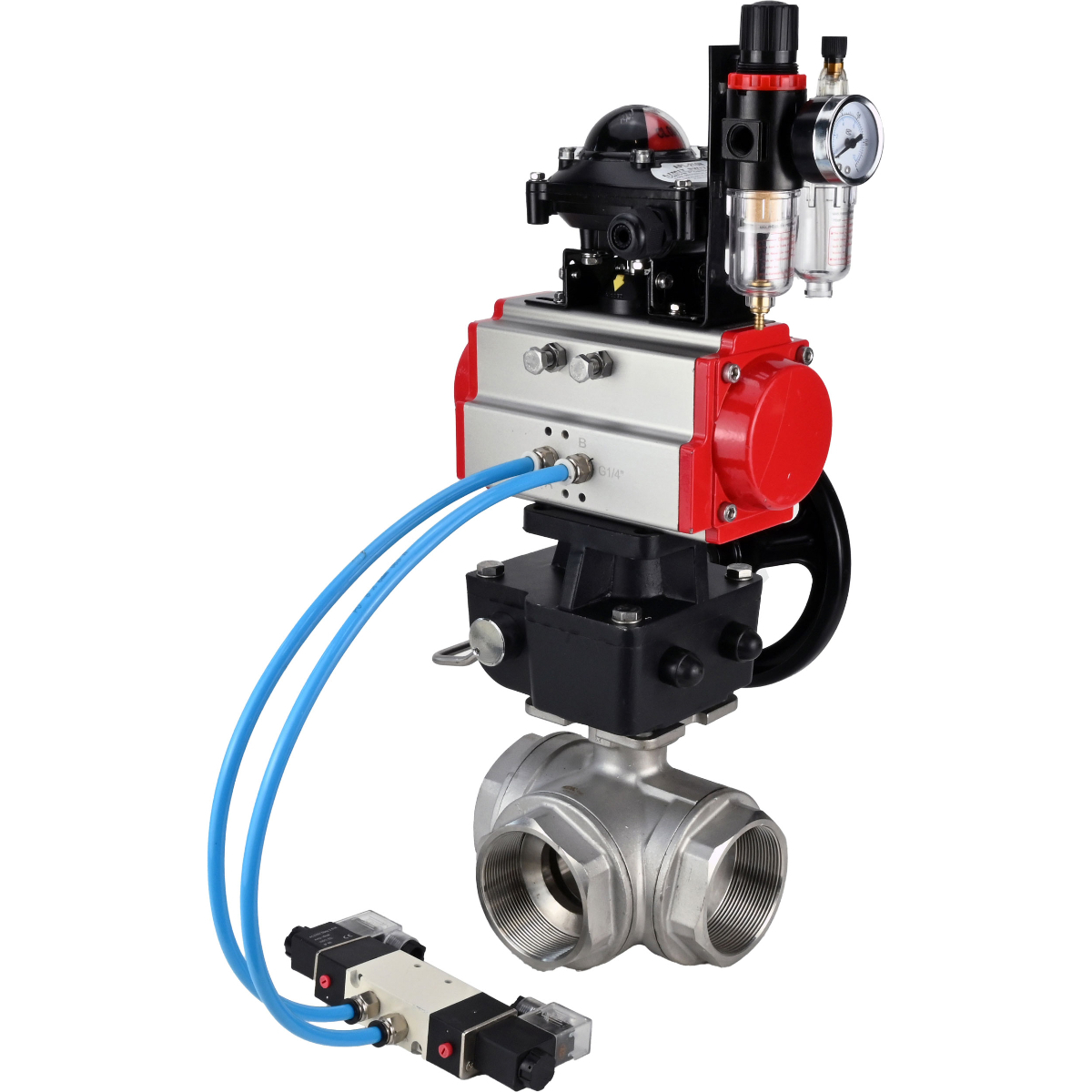 Изображение товара Кран шаровой угловой DN.ru D160-59159 DN100 PN40 4" ВР с пневмоприводом нержавеющая сталь