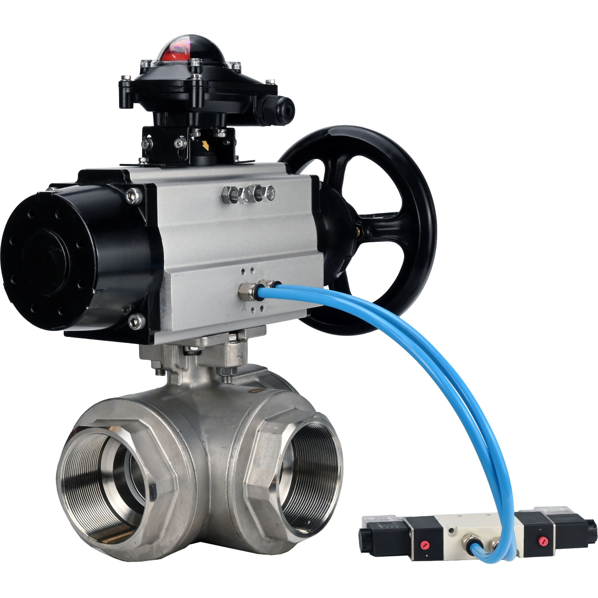 Изображение товара Кран шаровой угловой DN.ru D160-59177 DN100 PN40 4" ВР с пневмоприводом нержавеющая сталь