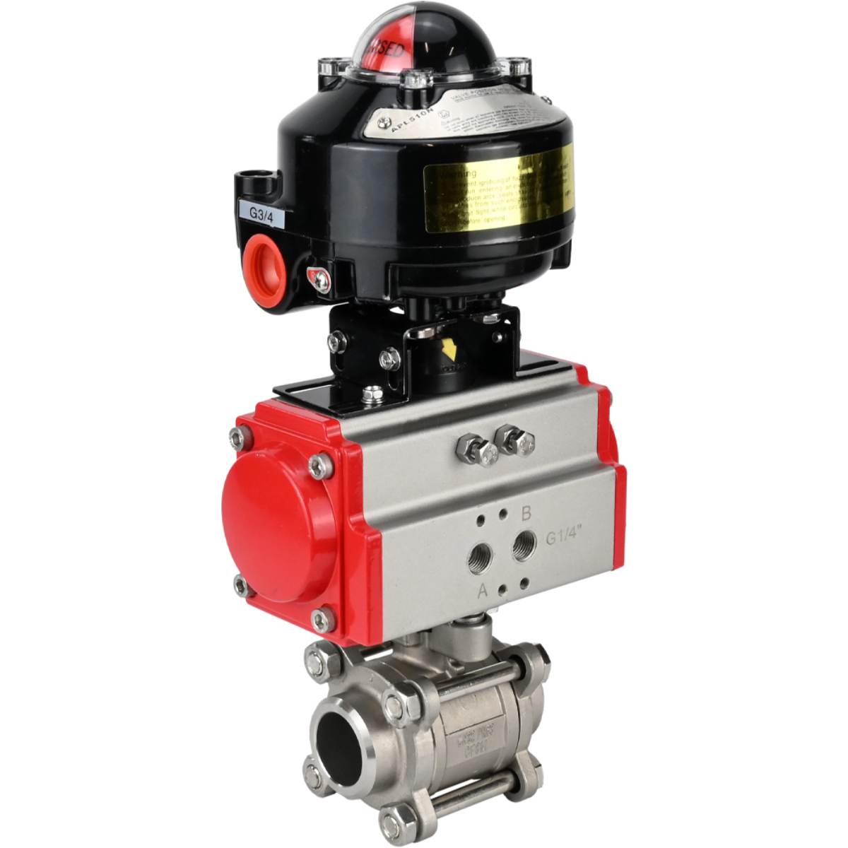 Изображение товара Кран шаровой прямой DN.ru D160-75037 DN65 PN25 с пневмоприводом нержавеющая сталь