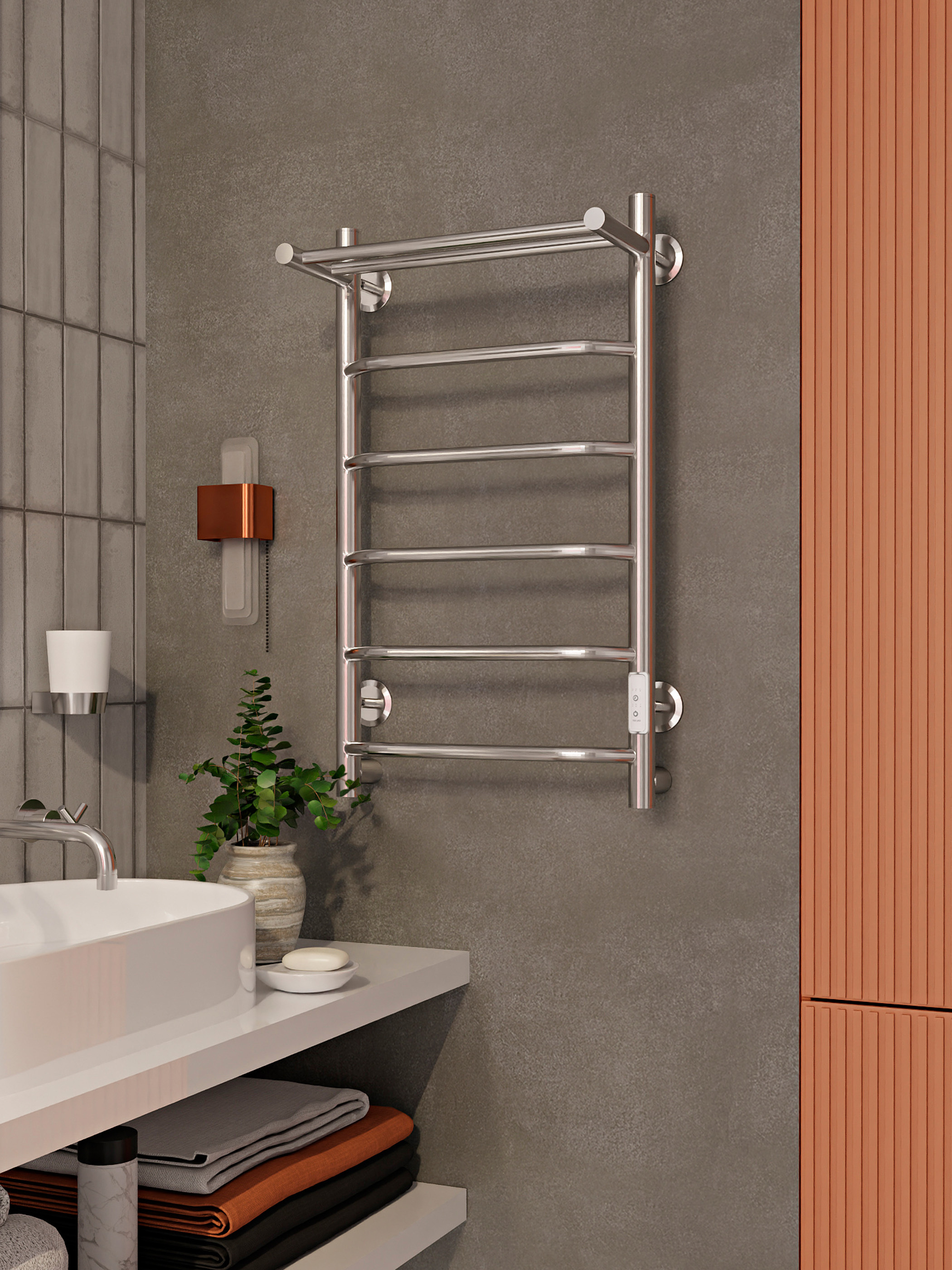 Изображение товара Полотенцесушитель электрический Myspace Temazo 500x800 мм 72 Вт с терморегулятором и полкой лесенка цвет хромированный