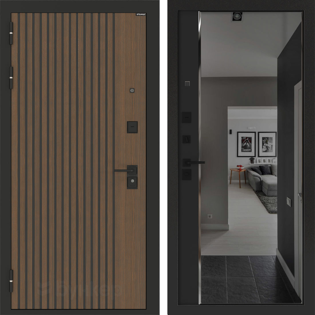 Изображение товара BN-02: входная дверь Бункер с панелью ФЛЗ-618, левый, орех/черный кварц