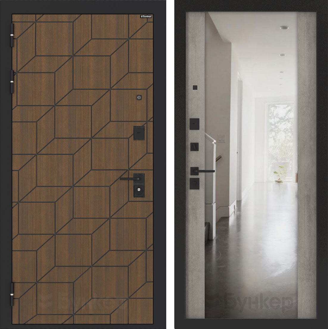 Изображение товара Входная дверь Бункер BN-03 с панелью ФЛЗ-1 левый 205x88см цвет ларче орех/бетон светлый с зеркалом