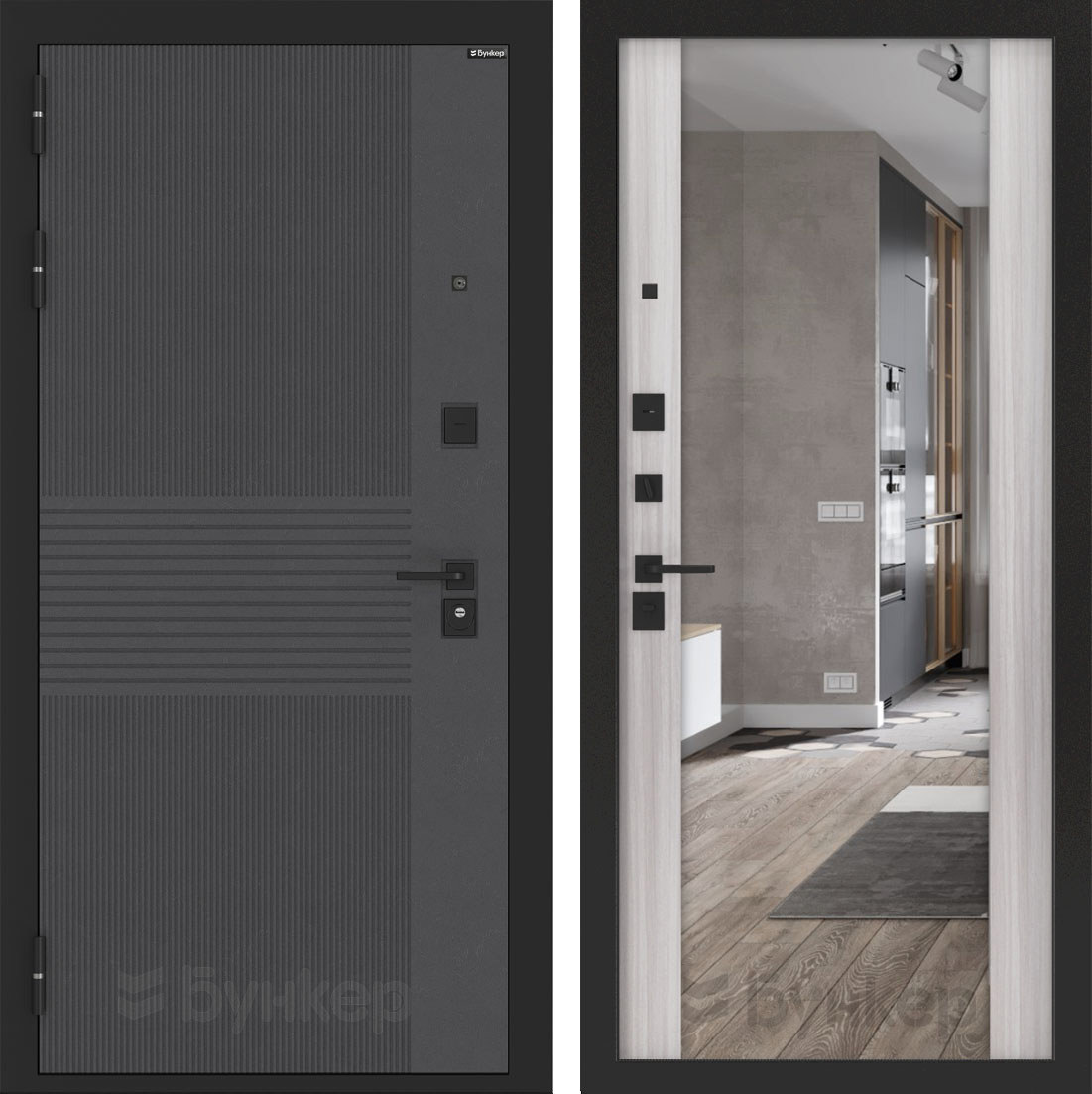 Изображение товара Входная дверь ДВЕРИ БУНКЕР BN-05 с панелью ФЛЗ-1, левый 205x96, лофт графит/сандал белый