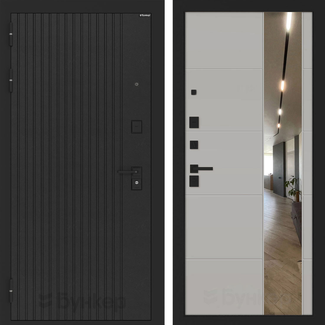 Изображение товара Входная дверь Бункер BN-06 с панелью ФЛЗ-649 левый 205x88см цвет черный кварц/грей софт с зеркалом