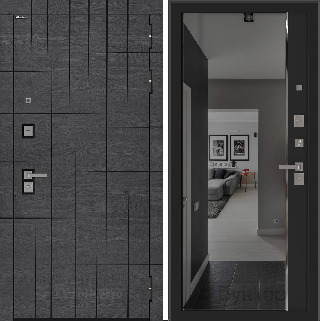 Изображение товара Входная дверь Бункер BN-09 с панелью ФЛЗ-618 правый 205x96см цвет дуб мадейра/черный кварц с зеркалом