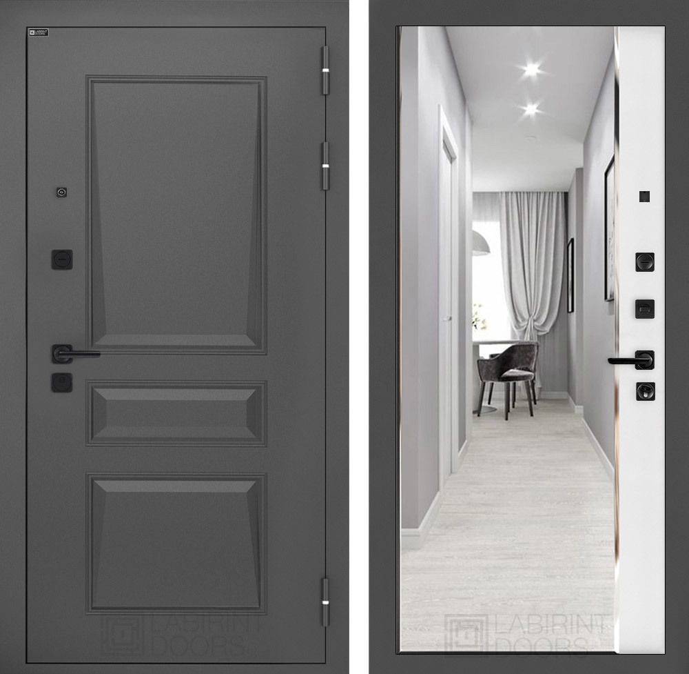 Изображение товара Входная дверь Двери Лабиринт Орлеан с панелью Панорама правый 205x96см цвет муар серый 7024 (матовый)/черный кварц с зеркалом