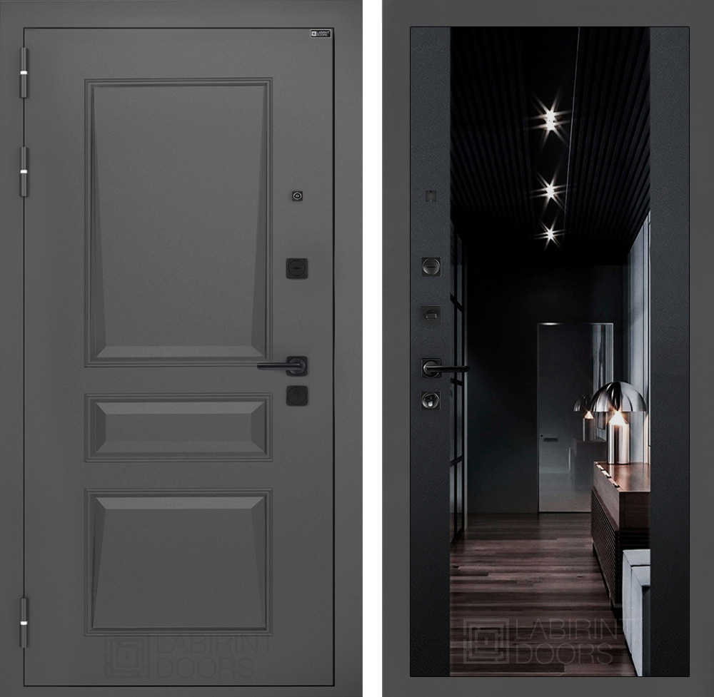 Изображение товара Входная дверь Двери Лабиринт Орлеан с панелью Максимум левый 205x88см цвет муар серый 7024 (матовый)/черный кварц с зеркалом