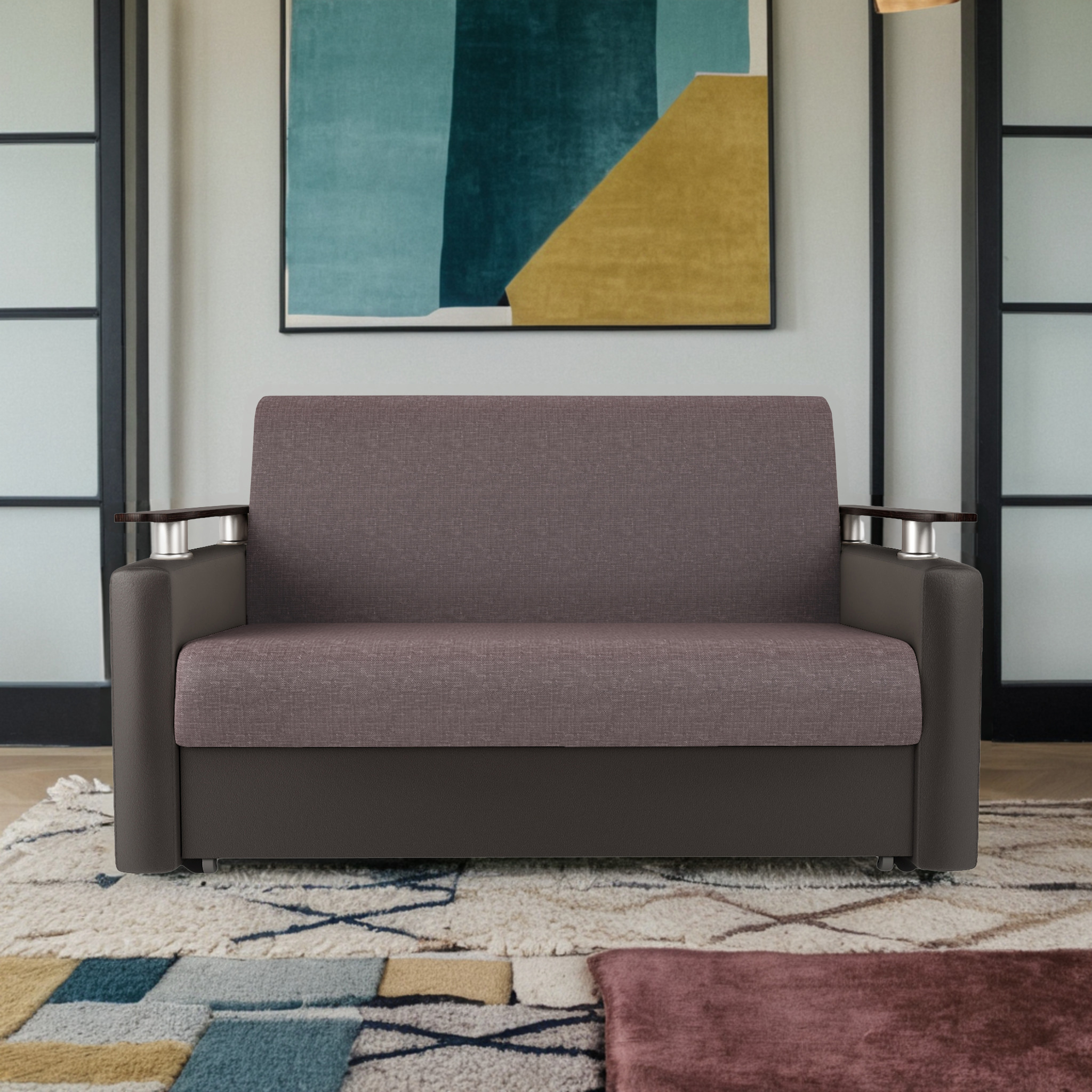 Изображение товара Диван раскладной Гамма Шарм 120x95x110 см рогожка экокожа латте шоколад