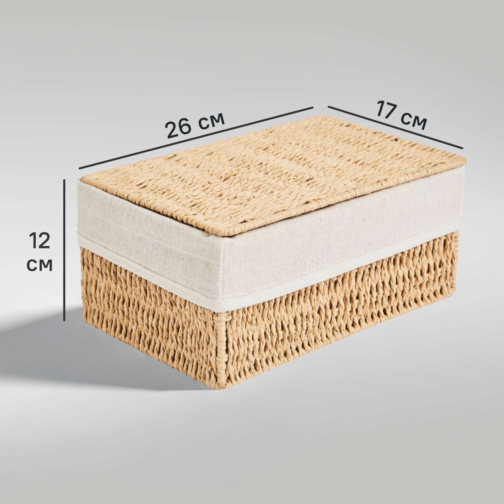 Изображение товара Корзина с крышкой 26x12x17 см бежевый из бумаги и металла для хранения