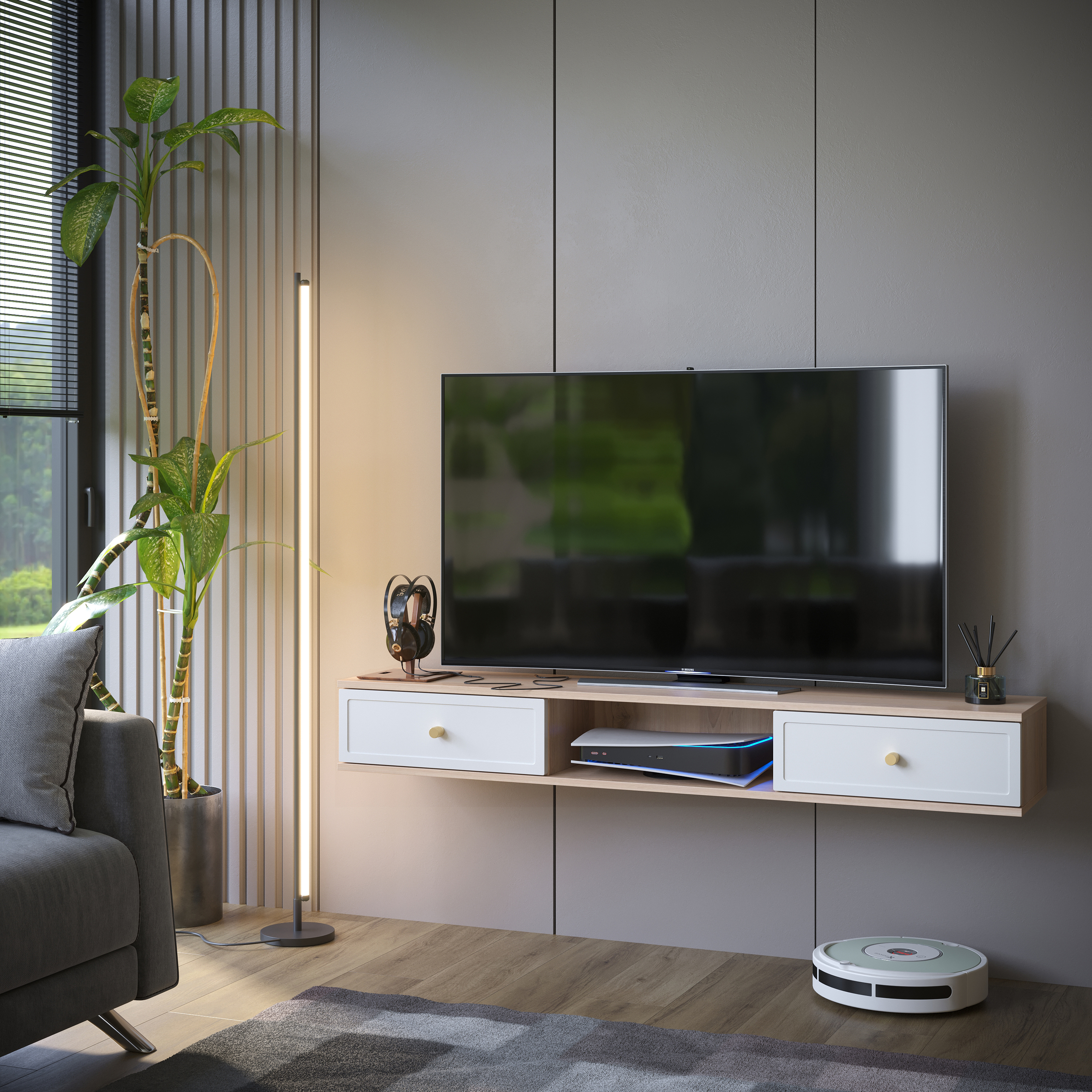 Изображение товара Тумба под телевизор KONSENSA Амьен 150x20x30 см ЛДСП белый/коричневый