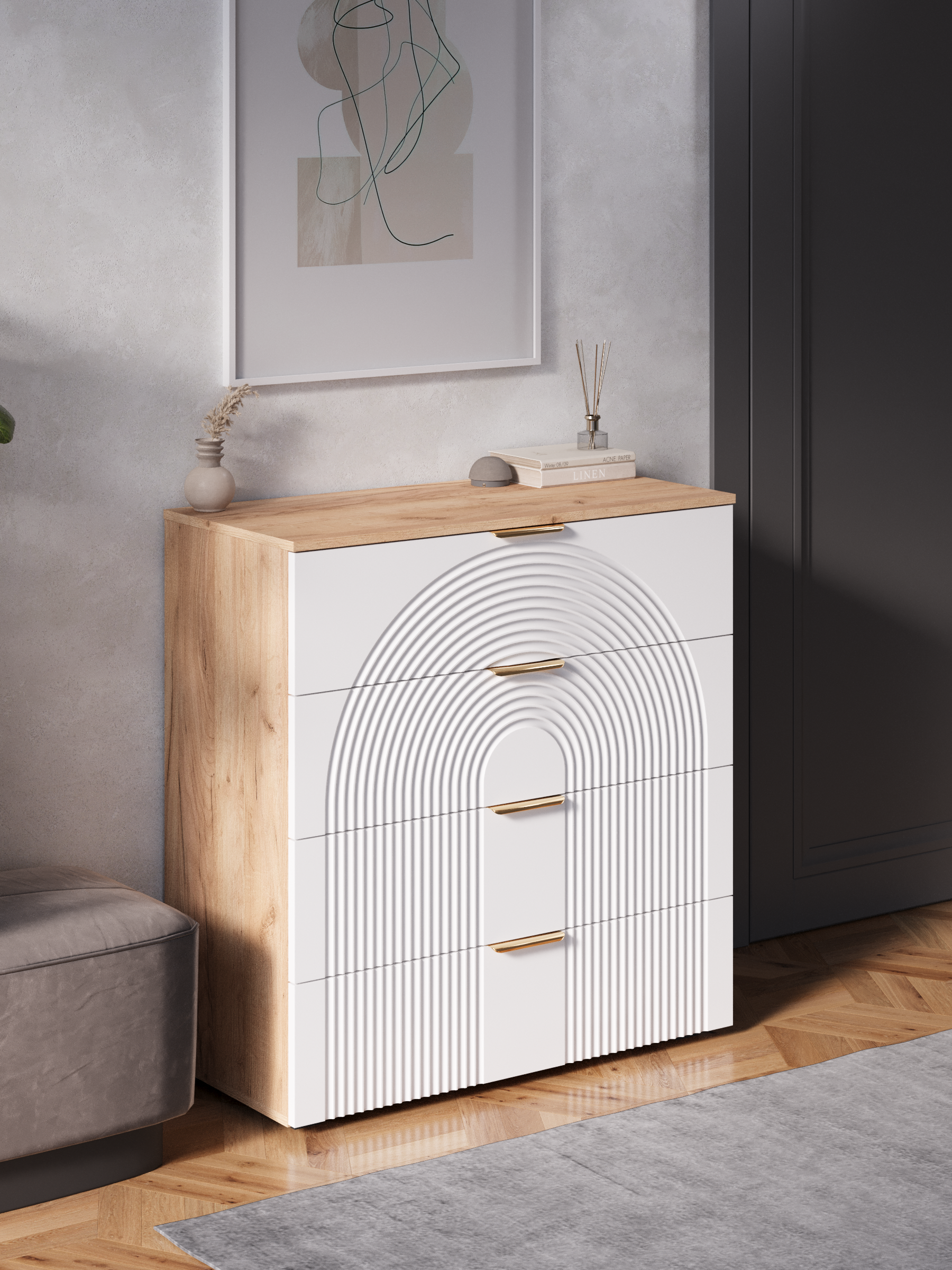 Изображение товара Комод Диван не мебель Ингрия Luxe 4 ящика 91x96x42 см ЛДСП цвет белый/дуб сонома