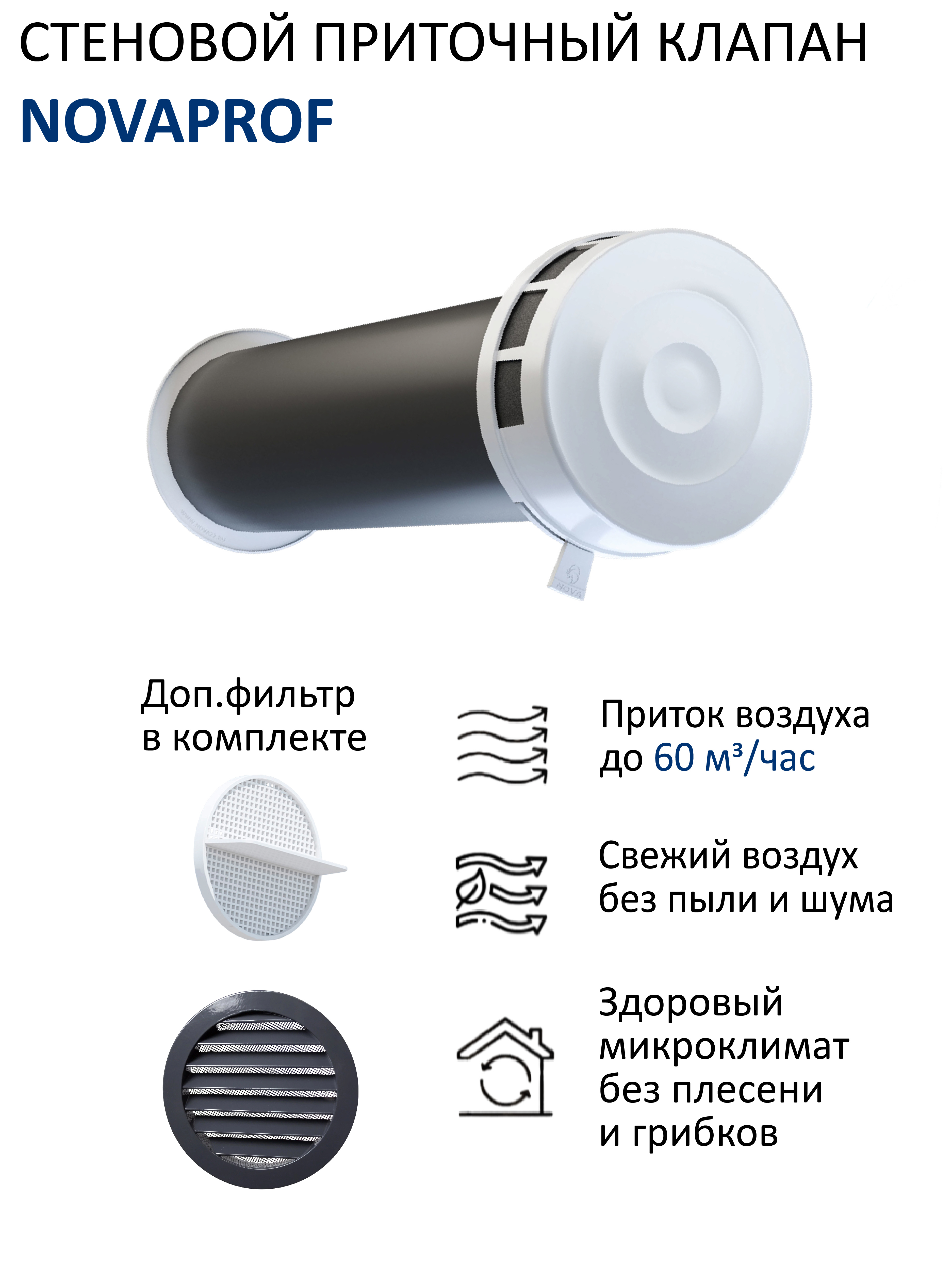 Изображение товара Приточный клапан вентиляции NovaPROF с вентиляционным каналом 05 м фильтром и алюминиевой фасадной решеткой с сеткой КИВ-125 RAL7024 серый графит