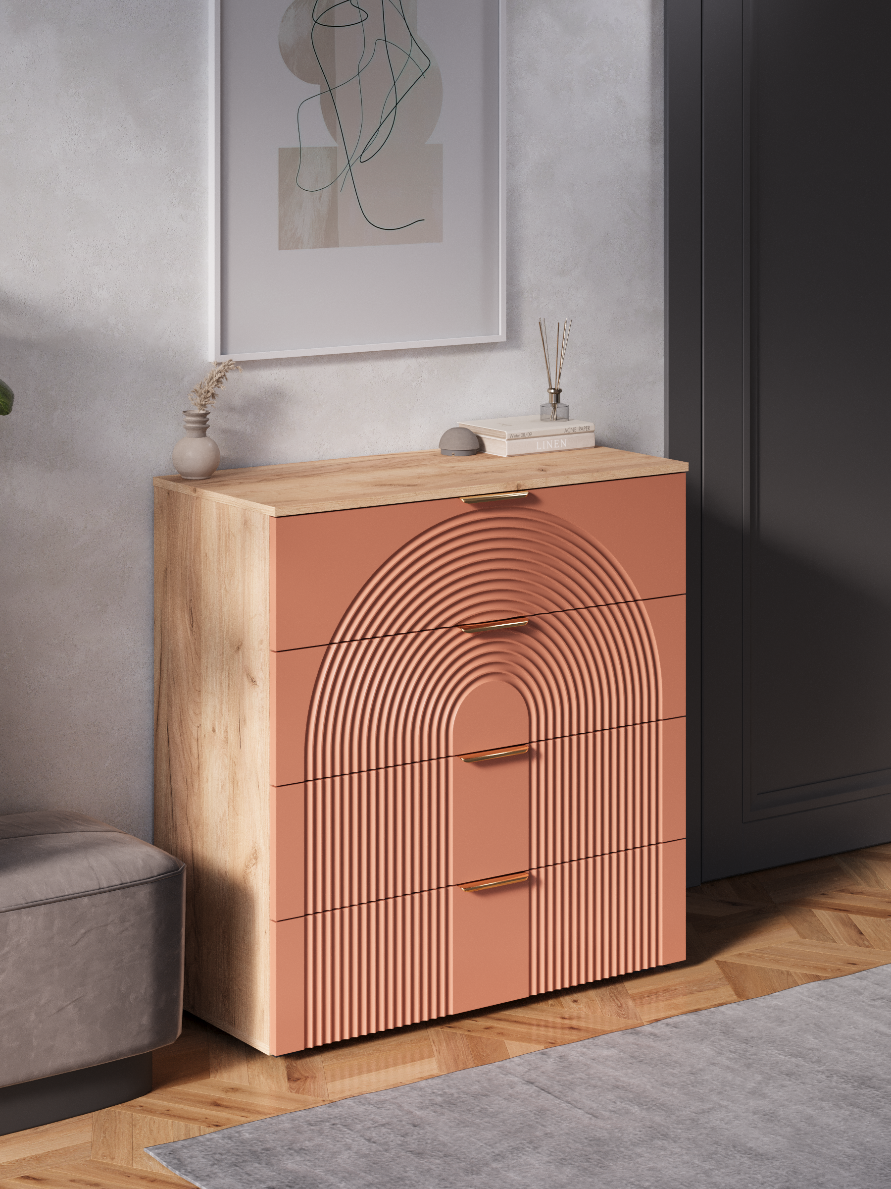 Изображение товара Комод Диван не мебель Ингрия Luxe 4 ящика 91x96x42 см ЛДСП цвет терракотовый/дуб сонома