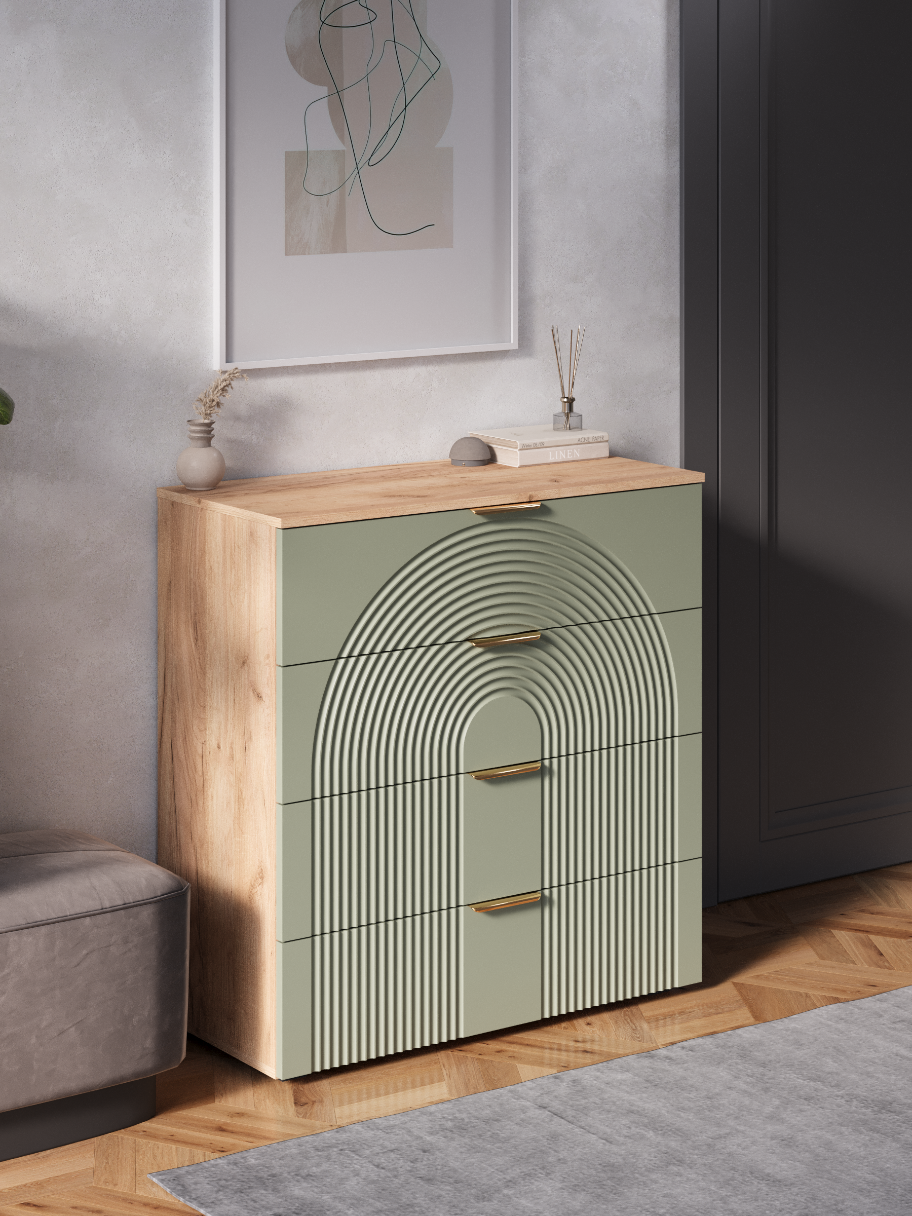 Изображение товара Комод Диван не мебель Ингрия Luxe 4 ящика 91x96x42 см ЛДСП цвет эвкалиптовый/дуб сонома