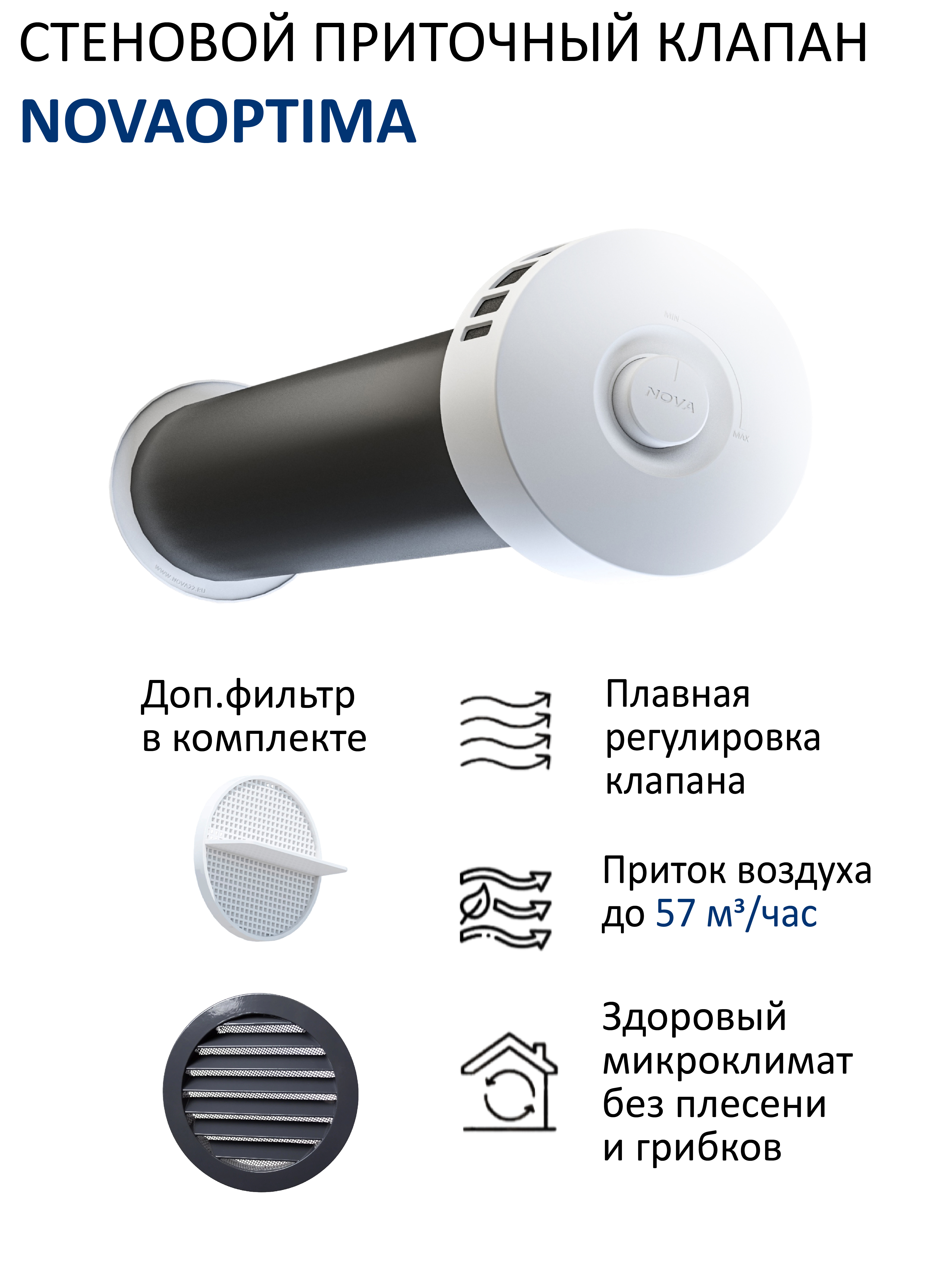 Изображение товара Приточный клапан вентиляции NovaOPTIMA с вентиляционным каналом 05 м фильтром и алюминиевой решеткой КИВ-125 RAL7024 серый графит