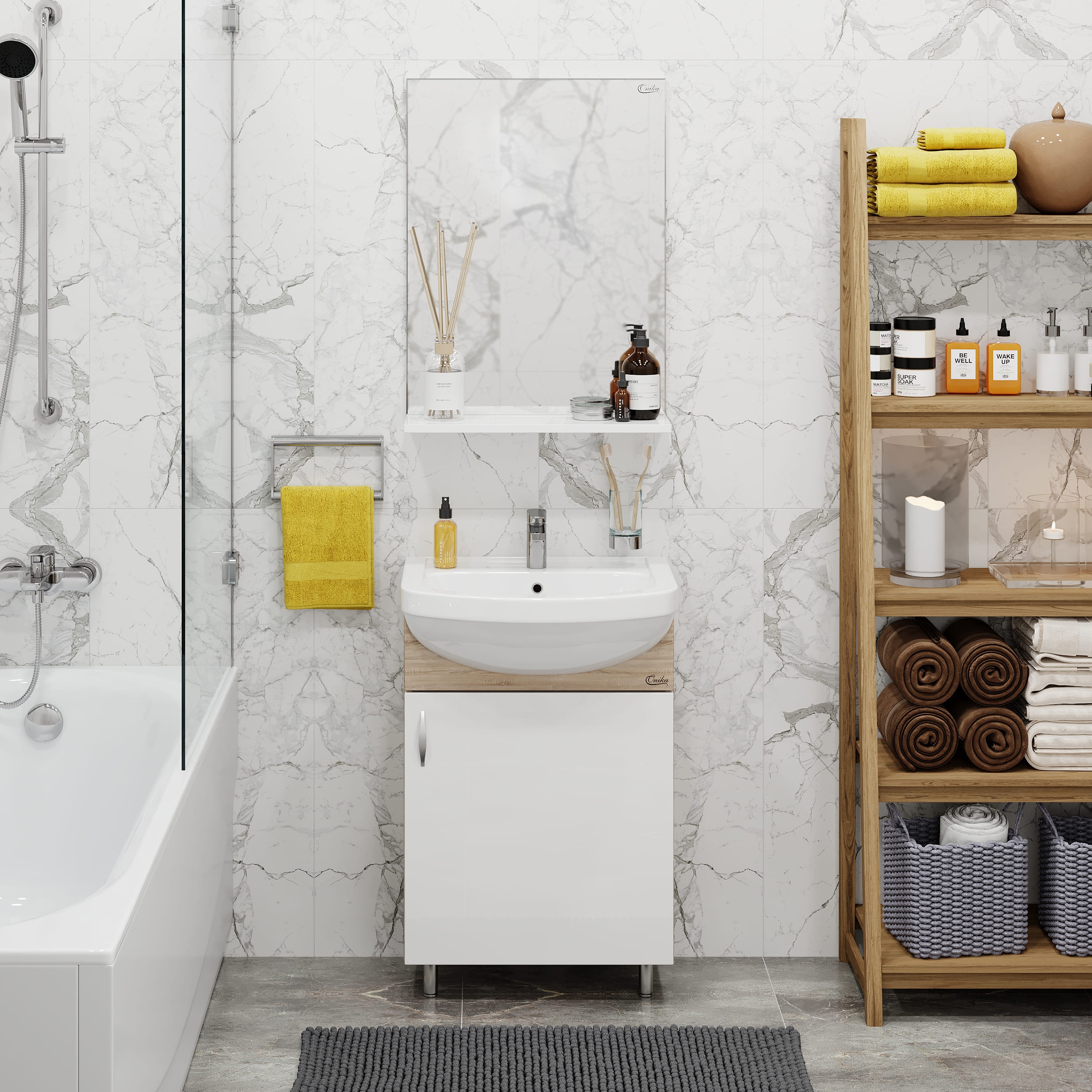 Изображение товара Комплект мебели для ванной Onika Эко 52 дуб сонома 3в1: тумба с раковиной и зеркало