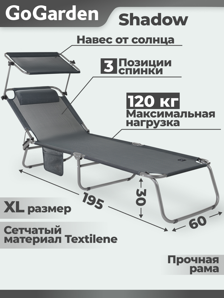Изображение товара Шезлонг складной Gogarden SHADOW 195 см х 60 см х 30 см сталь/сетка черный