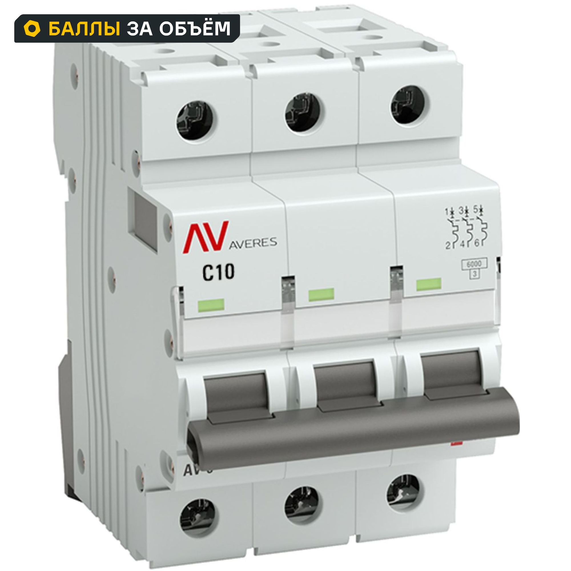 Изображение товара Автоматический выключатель EKF Averes AV-6 3P C10 А 6 кА mcb6-3-10C-av