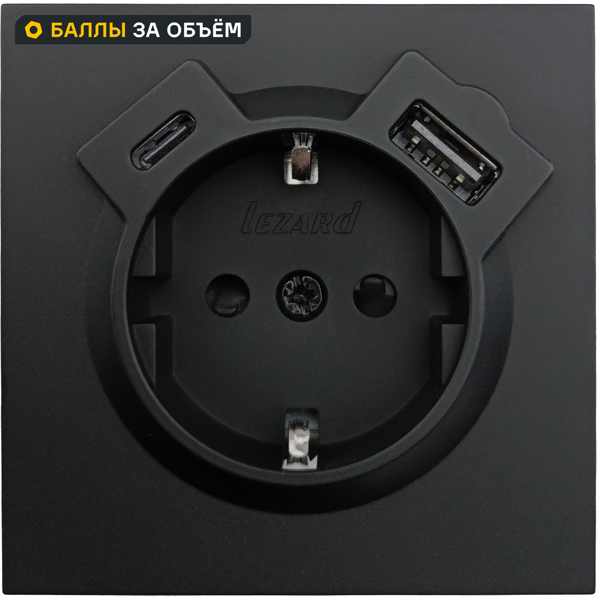 Изображение товара Встраиваемая розетка Lezard Zima с USB и заземлением черный бархат 16А
