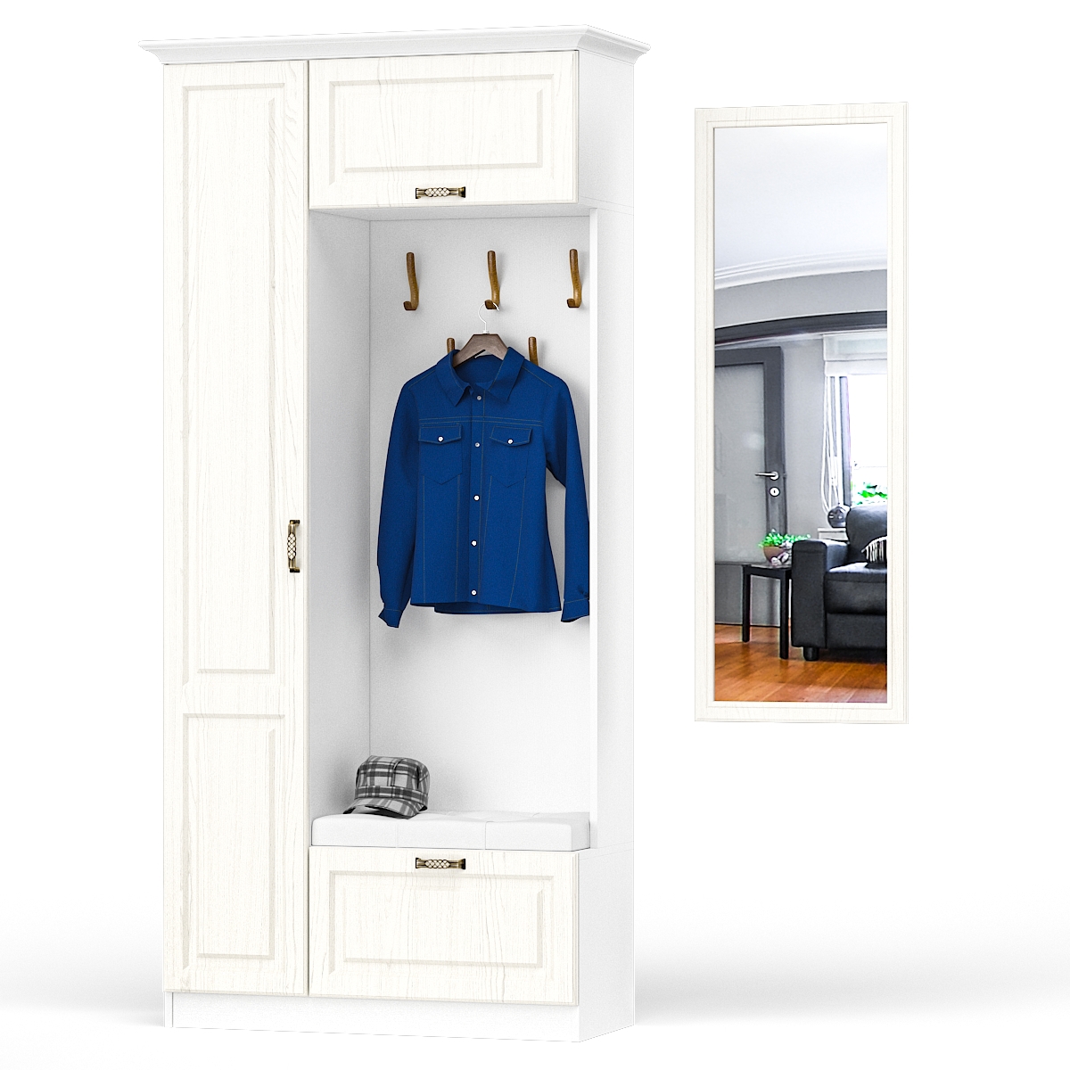 Изображение товара Комплект мебели для прихожей Mobi Ливерпуль 13.21 К + 03.242 108.2x223.5x43.5 см ЛДСП цвет ясень ваниль/белый