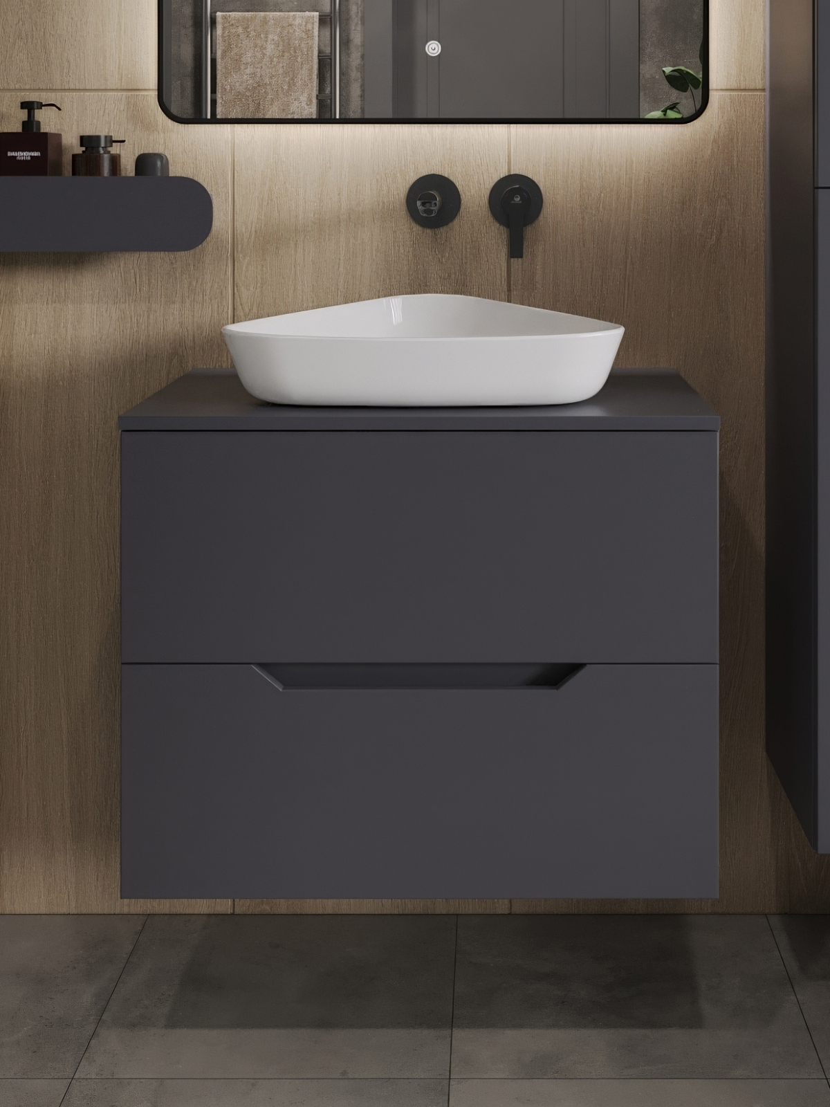 Изображение товара Тумба под раковину подвесная Topline FLIPTUS70G-7500W 70см с раковиной цвет Графит матовый Изображение товара Тумба под раковину подвесная Topline FLIPTUS70G-7500W 70см с раковиной цвет Графит матовый