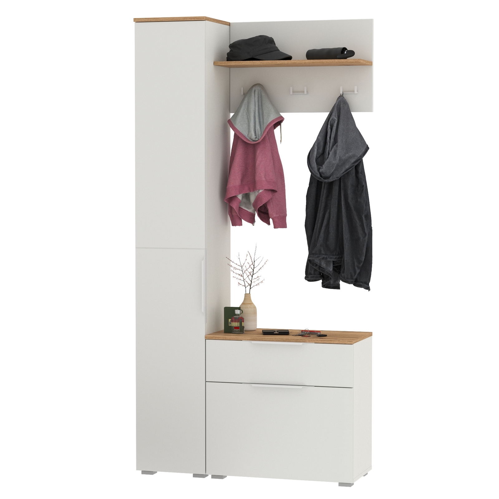 Изображение товара Комплект мебели для прихожей Mobi Октава № 14 97.1x197.6x35.4 см ЛДСП цвет белый шагрень/дуб золотой