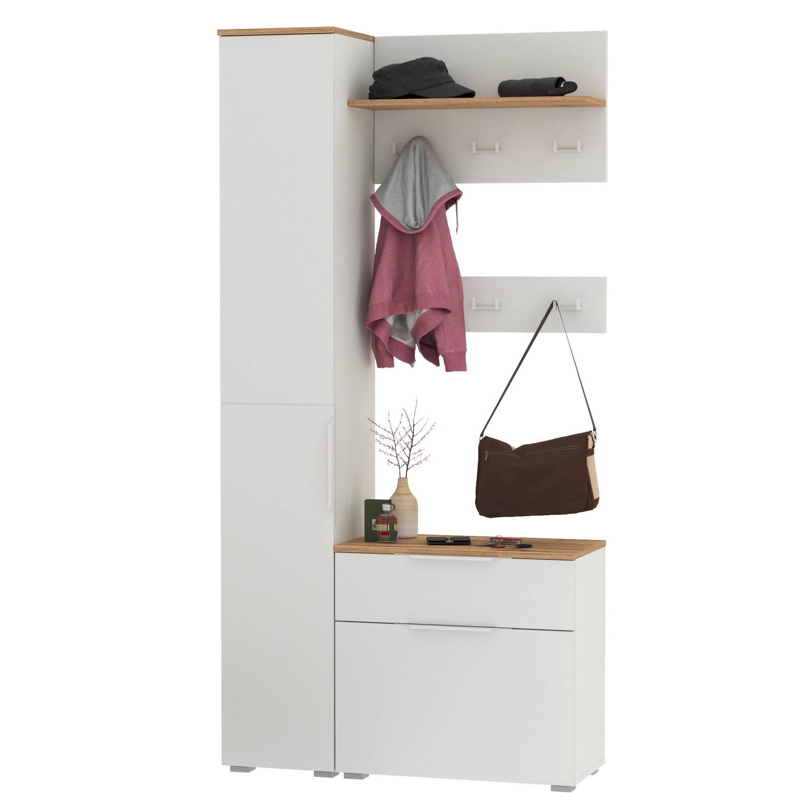 Изображение товара Комплект мебели для прихожей Mobi Октава № 16 97.1x197.6x35.4 см ЛДСП цвет белый шагрень/дуб золотой