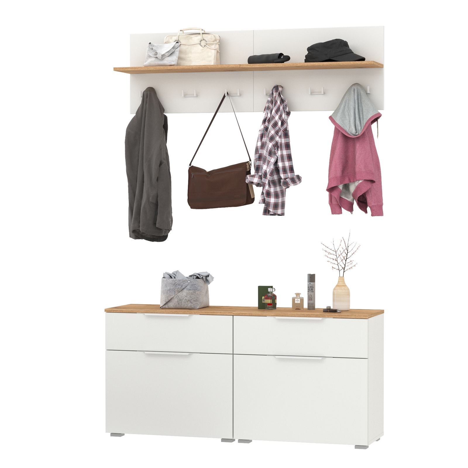 Изображение товара Комплект мебели для прихожей MOBI Октава № 03 белый дуб золотой современная компактная прихожая