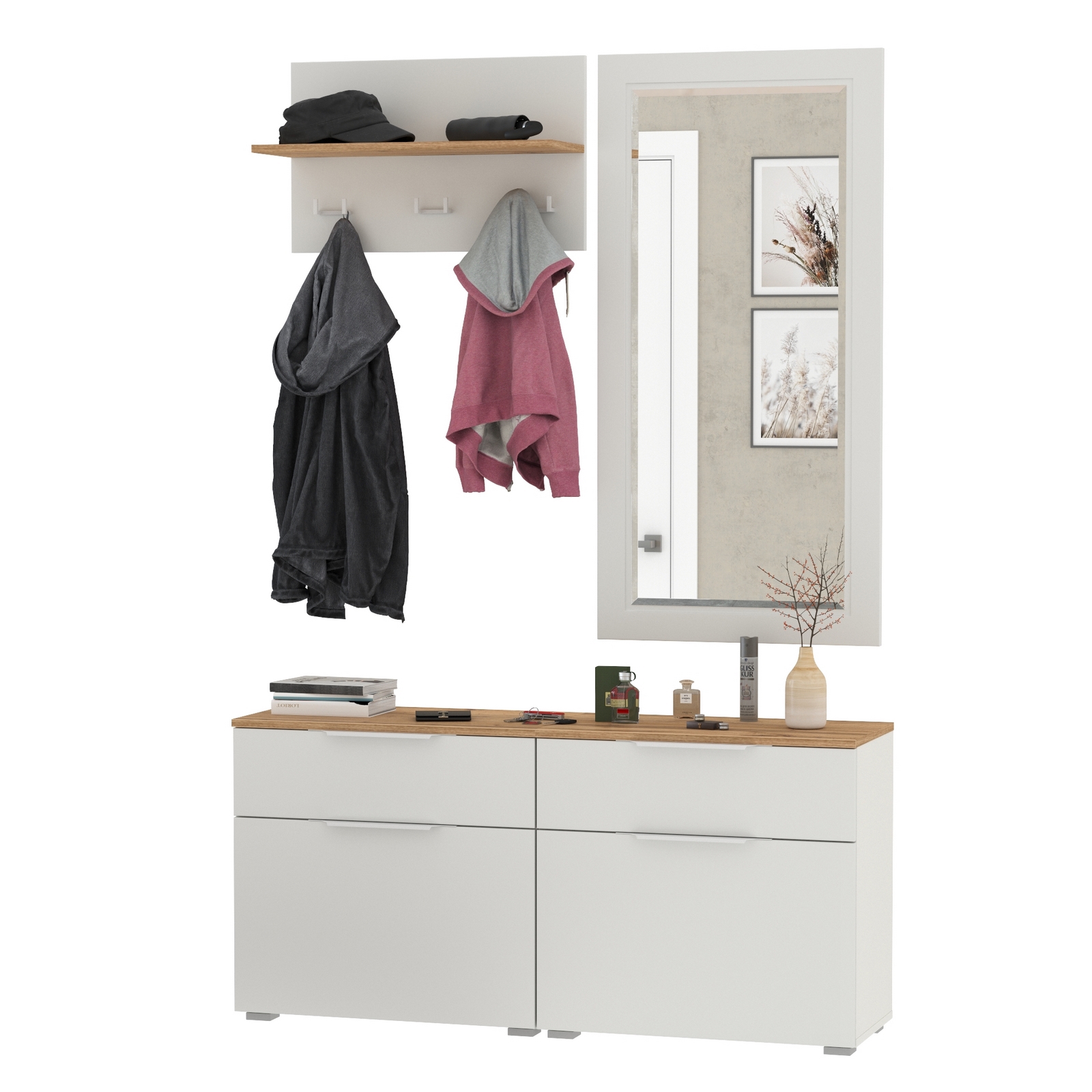 Изображение товара [Комплект мебели для прихожей] MOBI Октава № 39 [Белый шагрень/дуб золотой] с зеркалом Остин 17.03