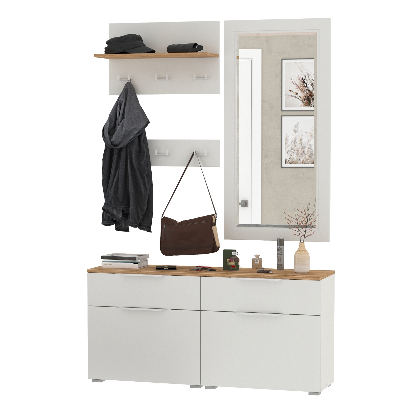 Изображение товара Комплект мебели для прихожей MOBI Октава № 40 129.8x197.6 см белый шагрень дуб золотой