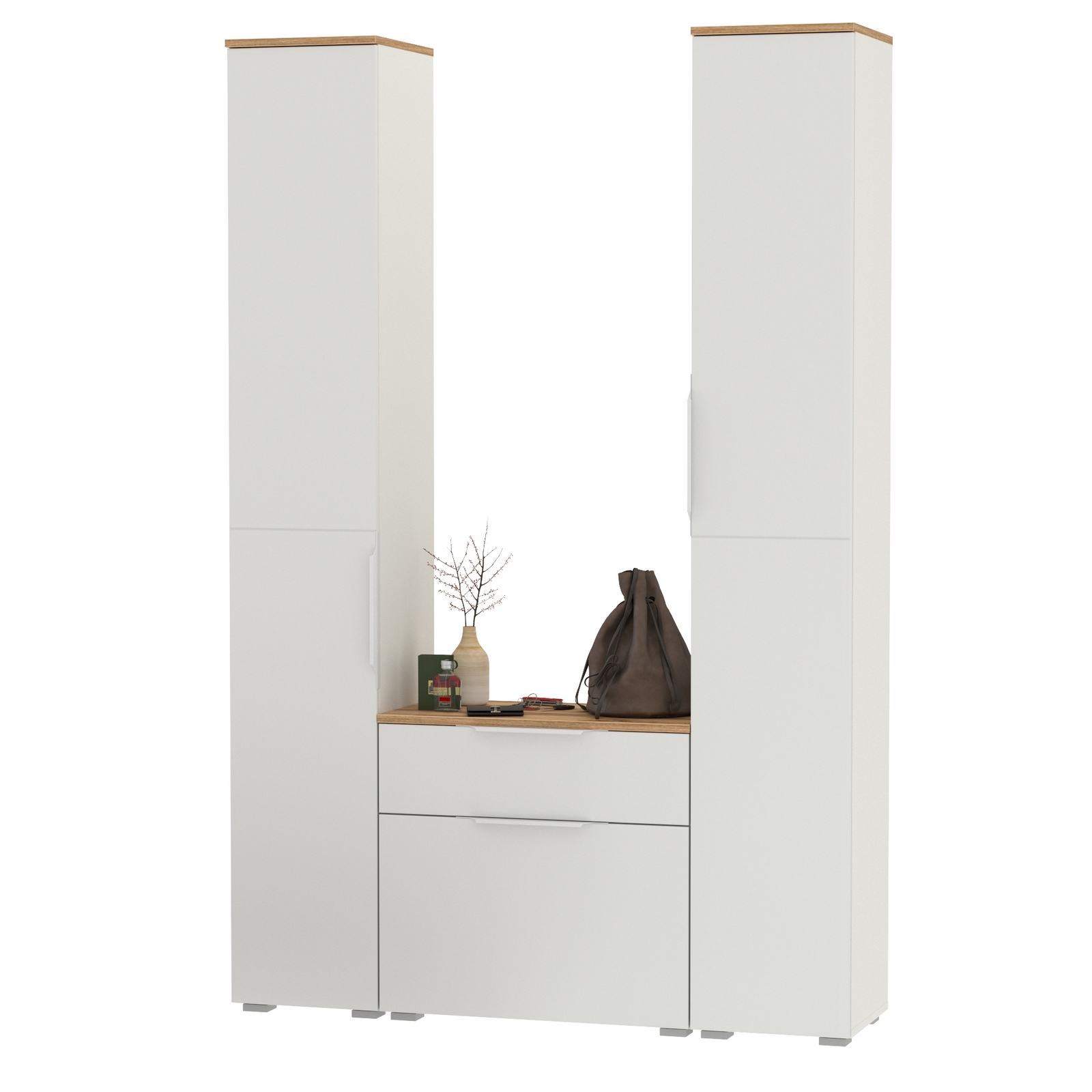 Изображение товара Комплект мебели для прихожей Mobi Октава № 17 129.3x197.6x35.4 см ЛДСП цвет белый шагрень/дуб золотой