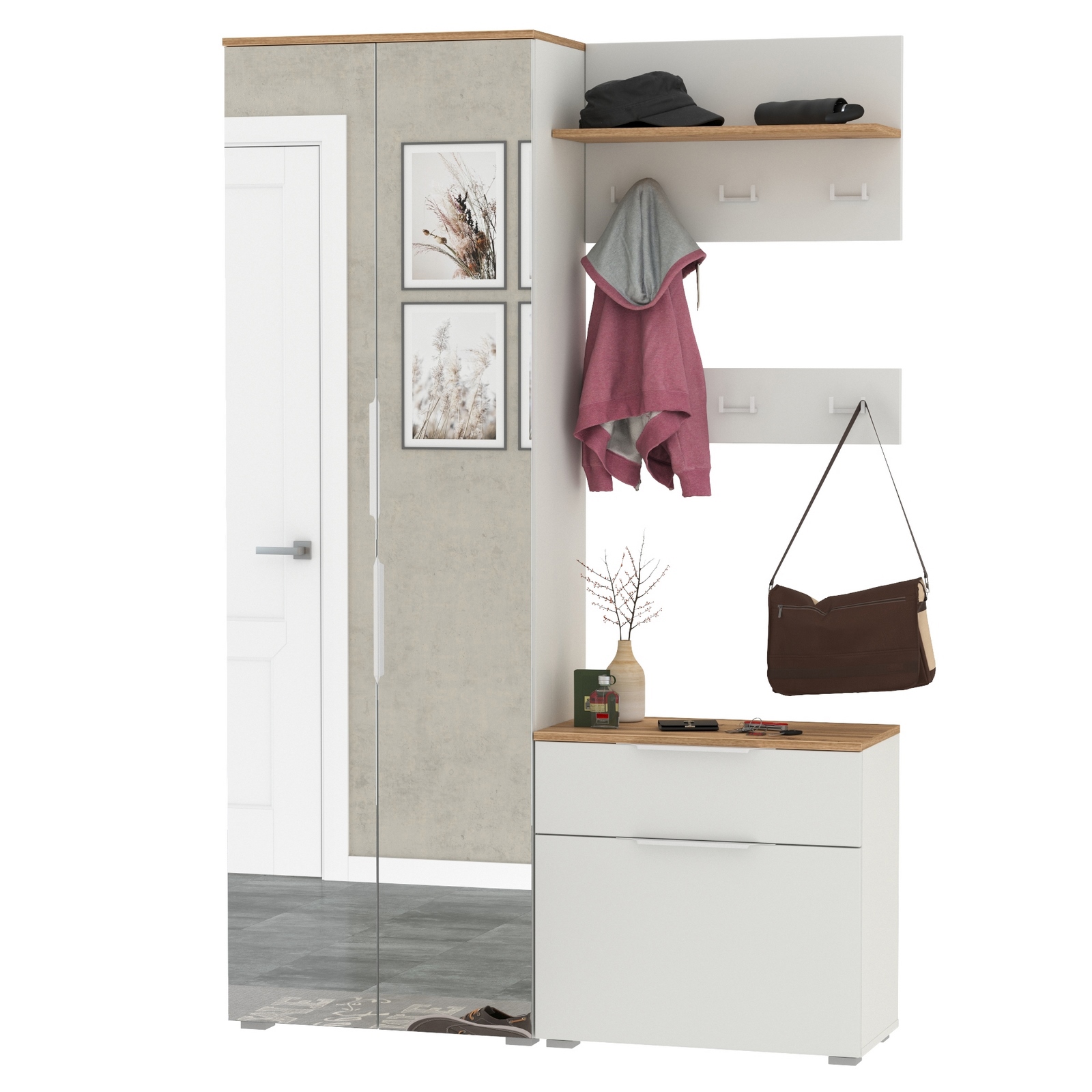 Изображение товара Комплект мебели для прихожей Моби Октава № 12 белый золотой 129x35x198 см