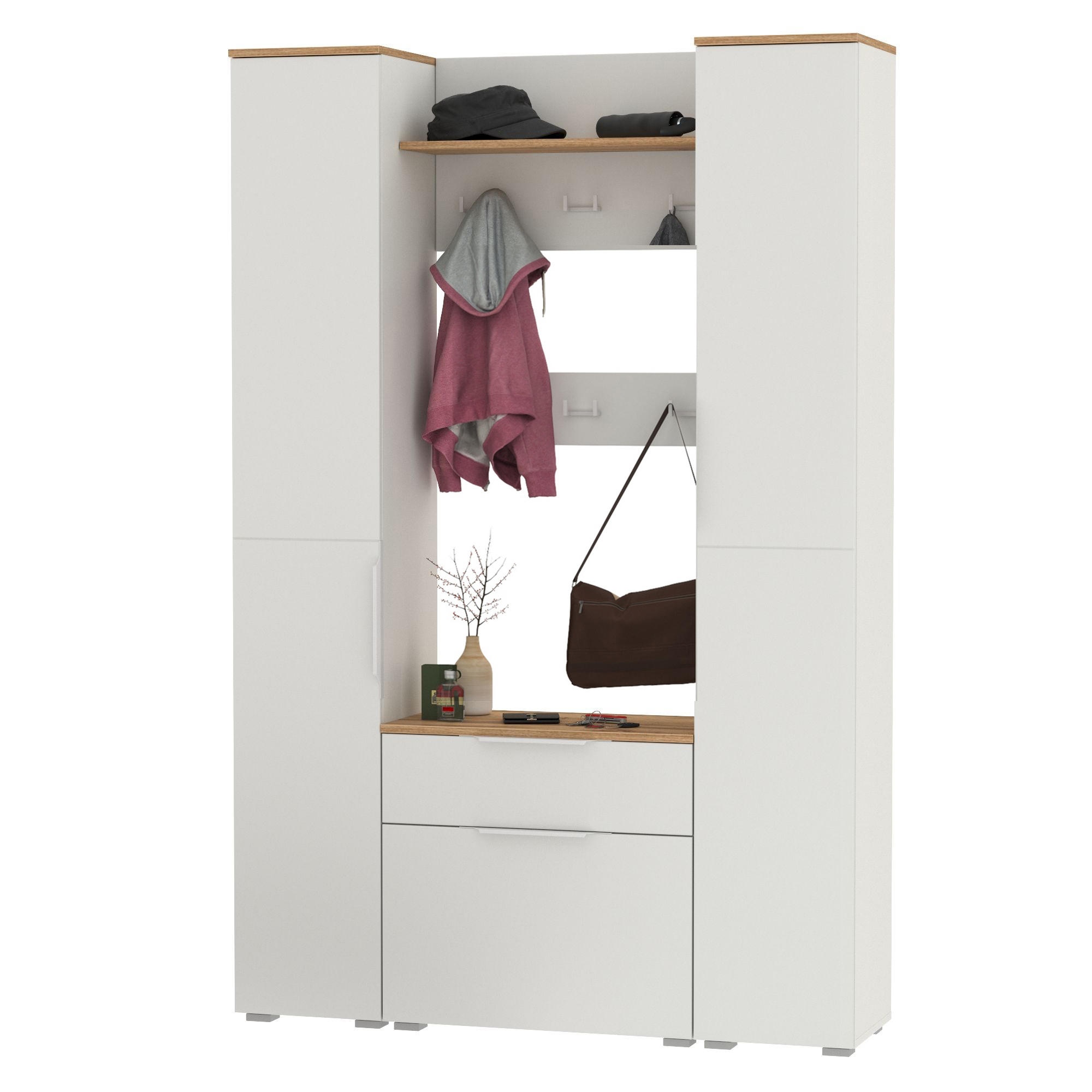 Изображение товара Комплект мебели для прихожей Моби Октова № 20 129.3x197.6x35.4 см белый шагрень дуб золотой