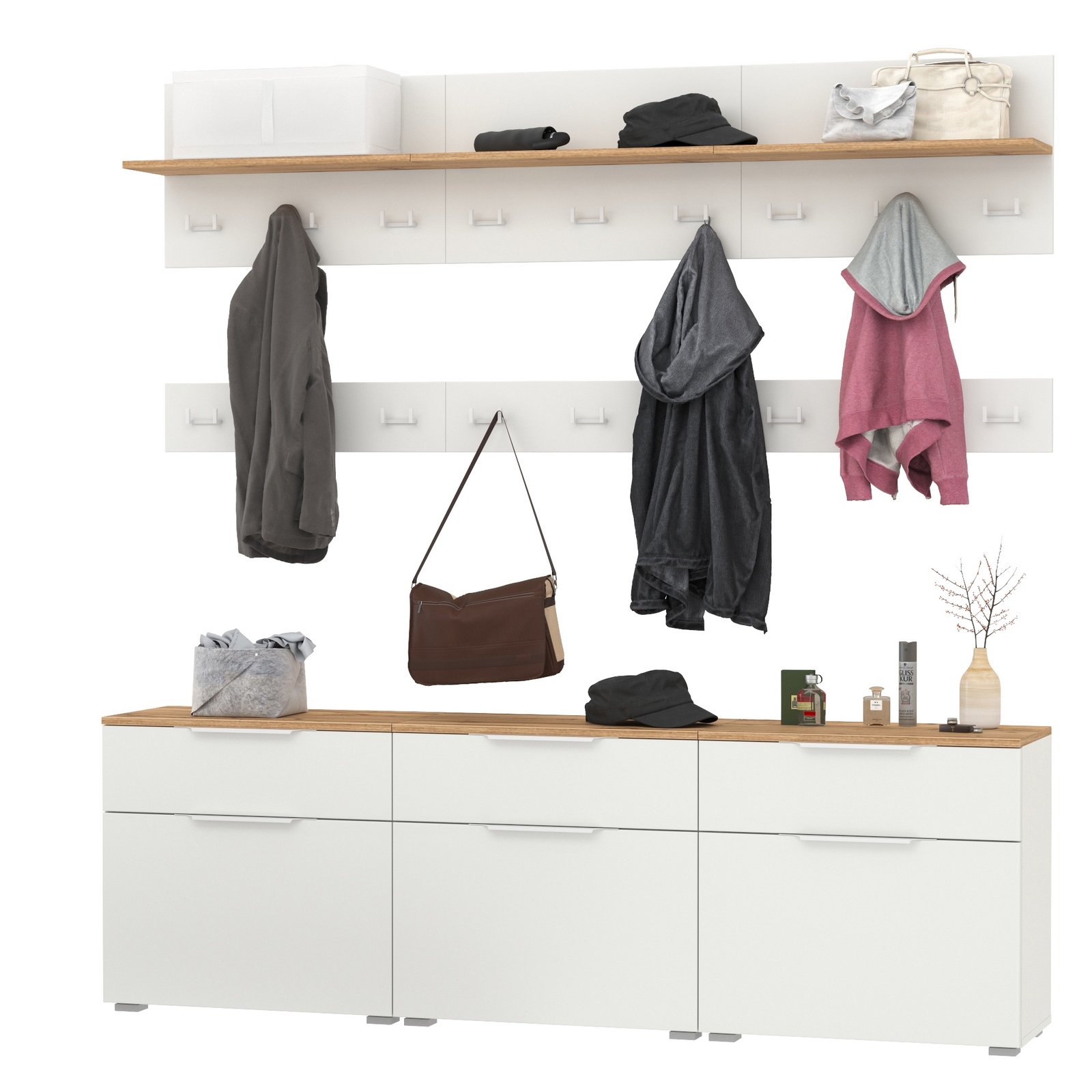 Изображение товара Комплект мебели для прихожей Моби Октава № 08 195x197.6x35.4 см белый дуб золотой