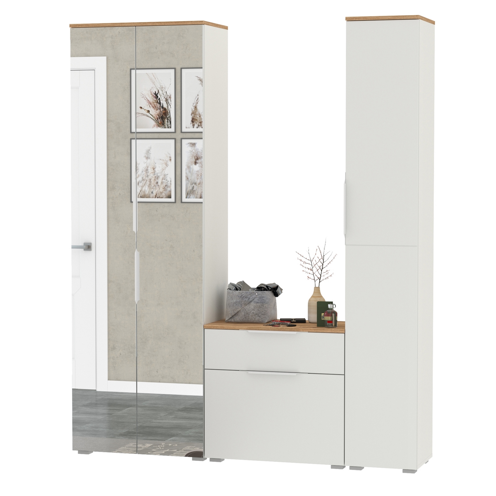 Изображение товара Комплект мебели для прихожей Mobi Октава 21 белый шагрень дуб золотой