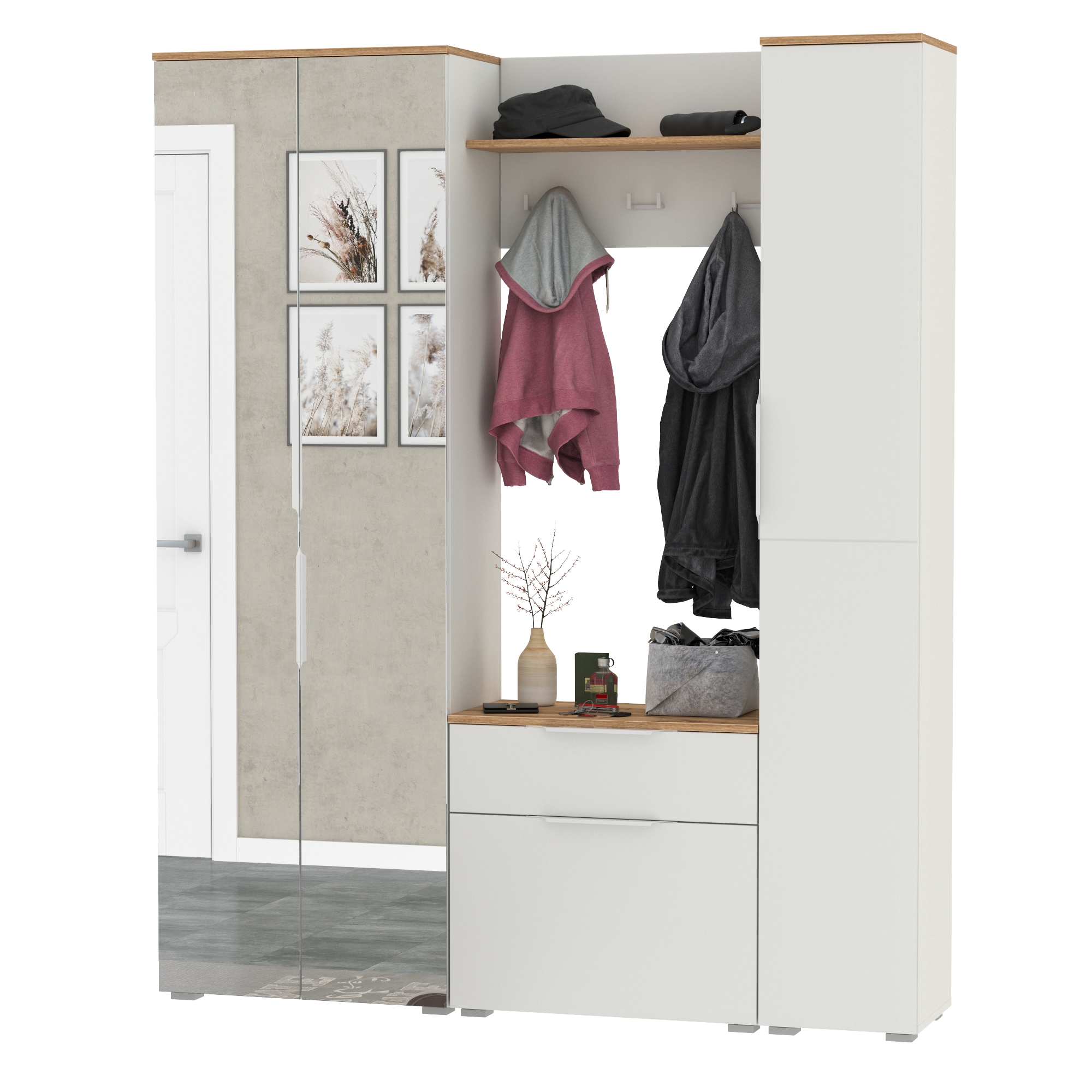 Изображение товара Комплект мебели для прихожей Mobi Октава № 22 белый и дуб золотой