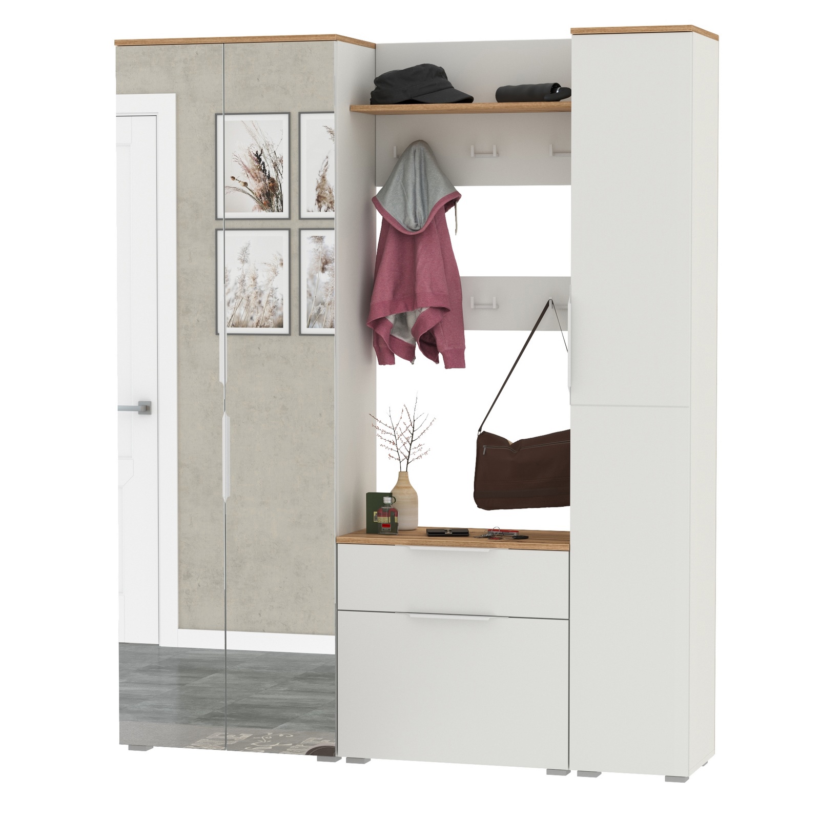 Изображение товара Комплект мебели для прихожей Mobi Октава №15-123Н белый шагрень дуб золотой